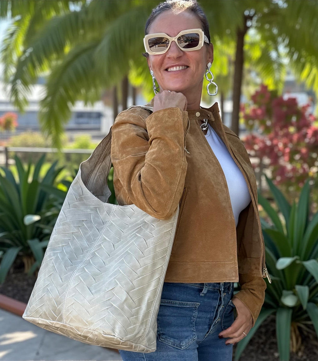 Chevron-Quilted Genuine Leather beige hobo bag