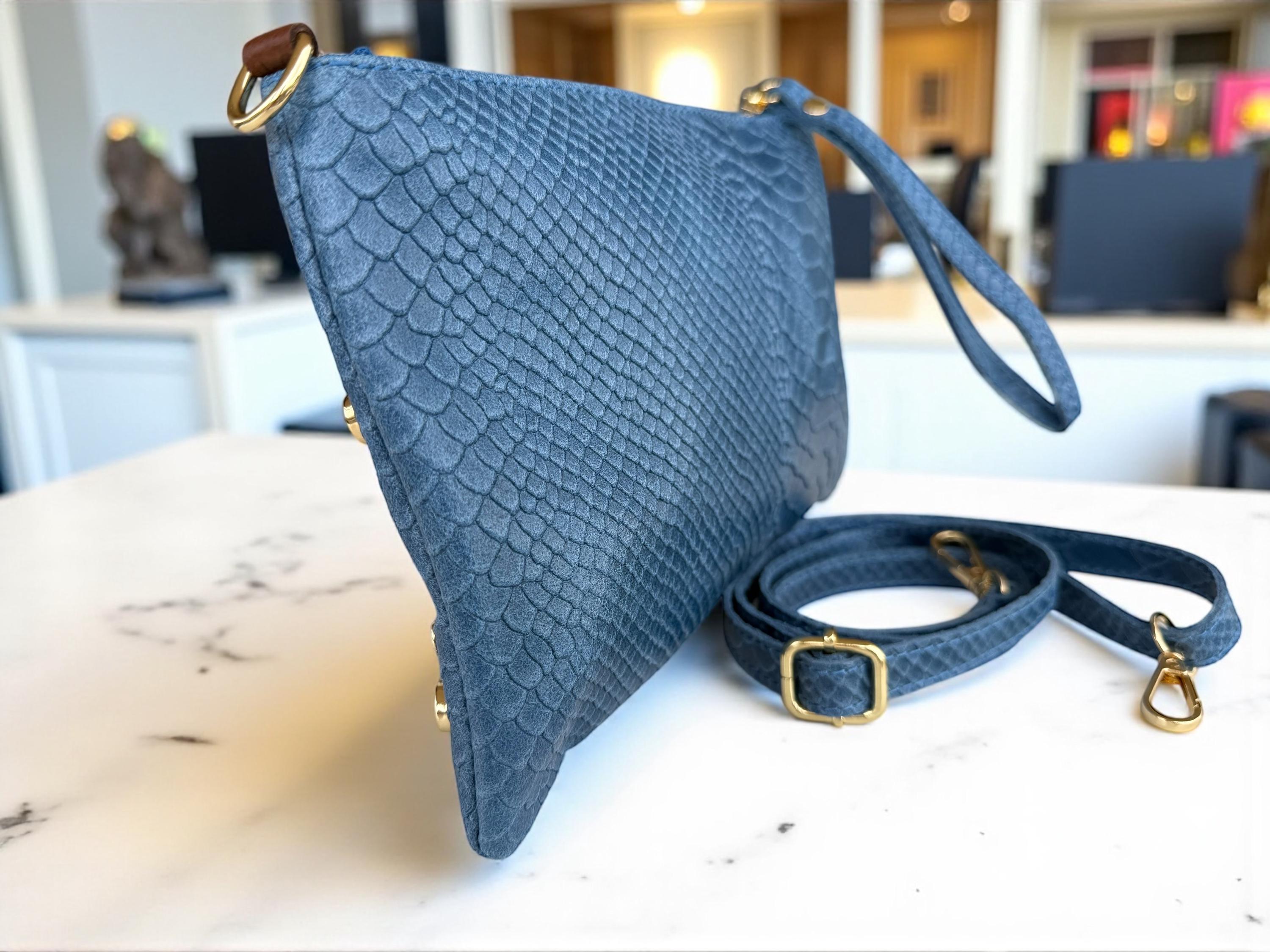 Embossed Leather Studded Trim Blue Clutch