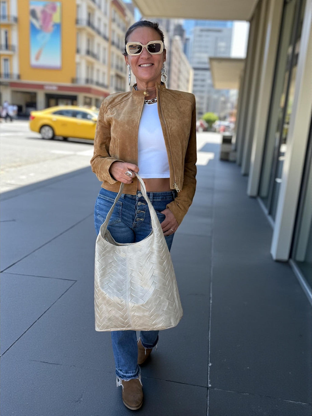 Chevron-Quilted Genuine Leather beige hobo bag