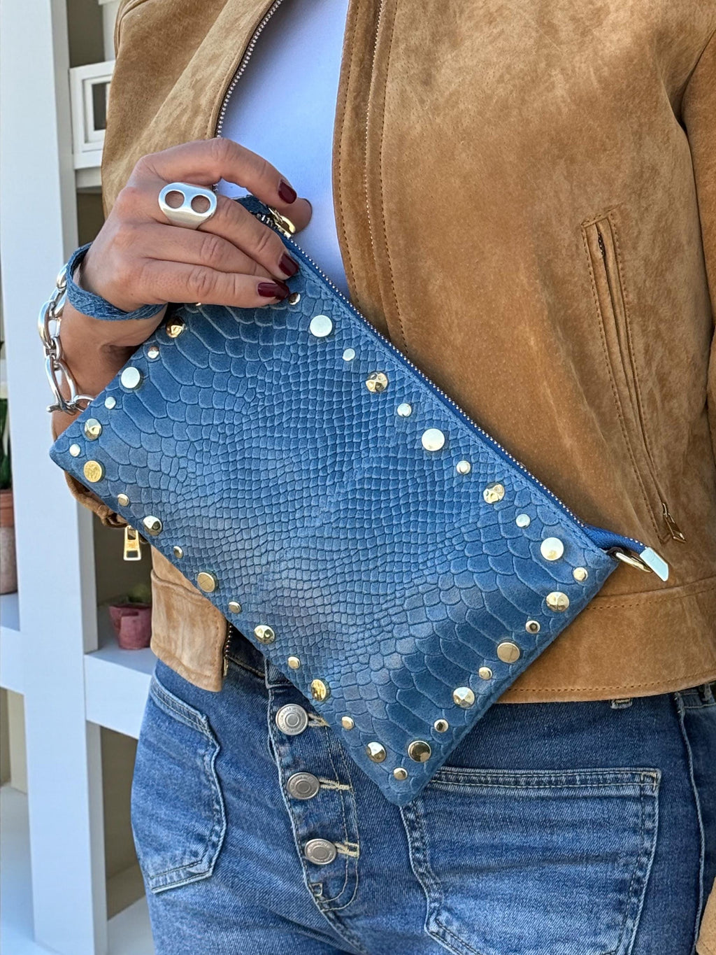 Embossed Leather Studded Trim Blue Clutch