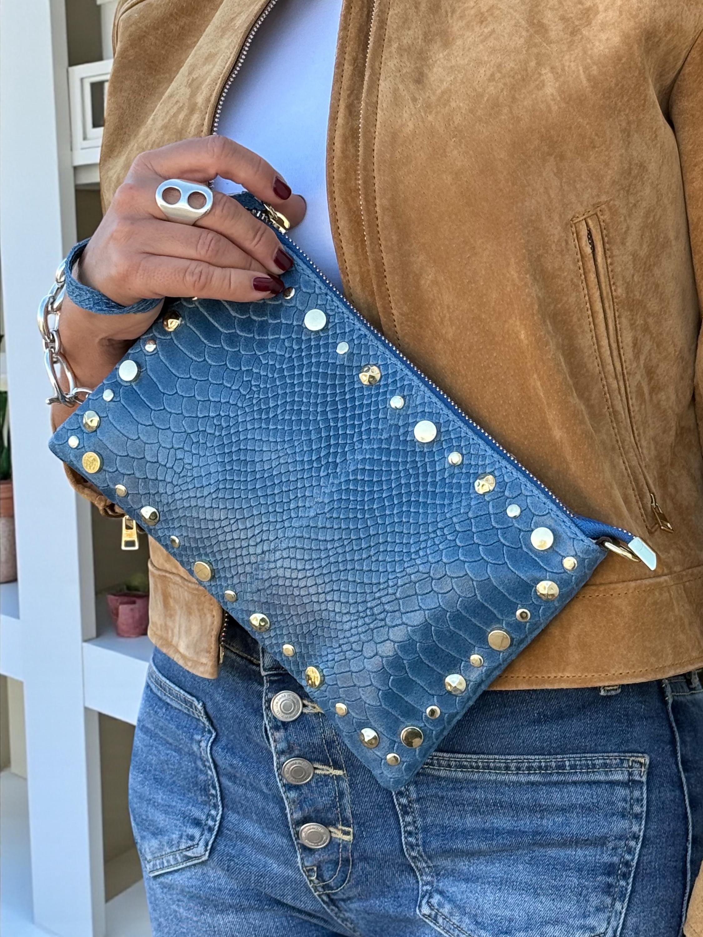 Embossed Leather Studded Trim Blue Clutch
