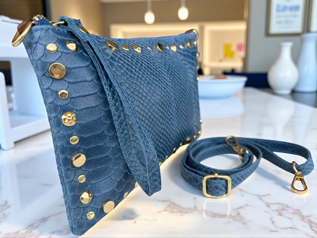 Embossed Leather Studded Trim Blue Clutch