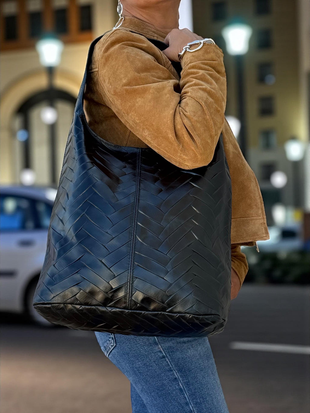 Chevron-Quilted Genuine Leather beige hobo bag