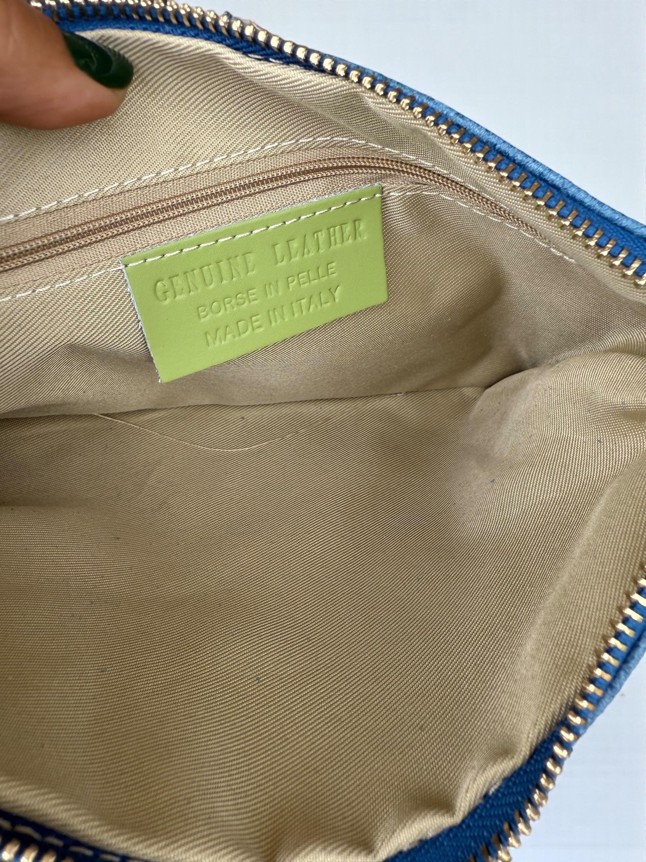 Embossed Leather Studded Trim Blue Clutch