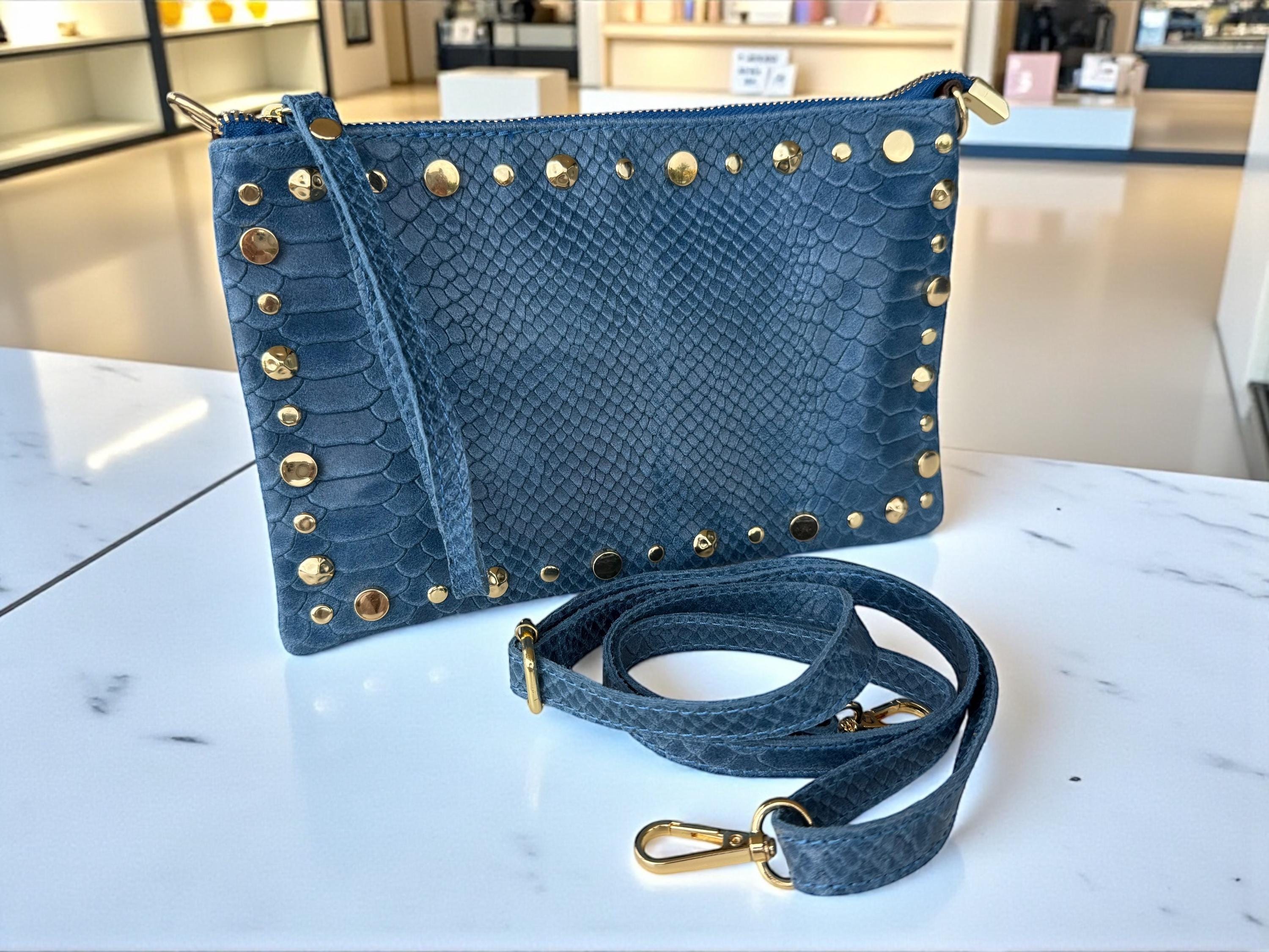 Embossed Leather Studded Trim Blue Clutch