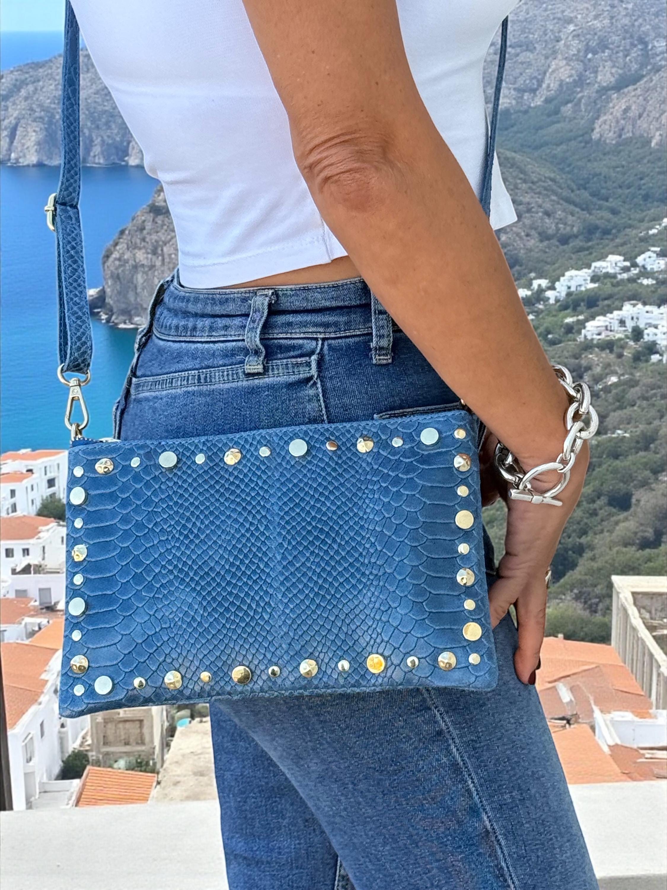 Embossed Leather Studded Trim Blue Clutch