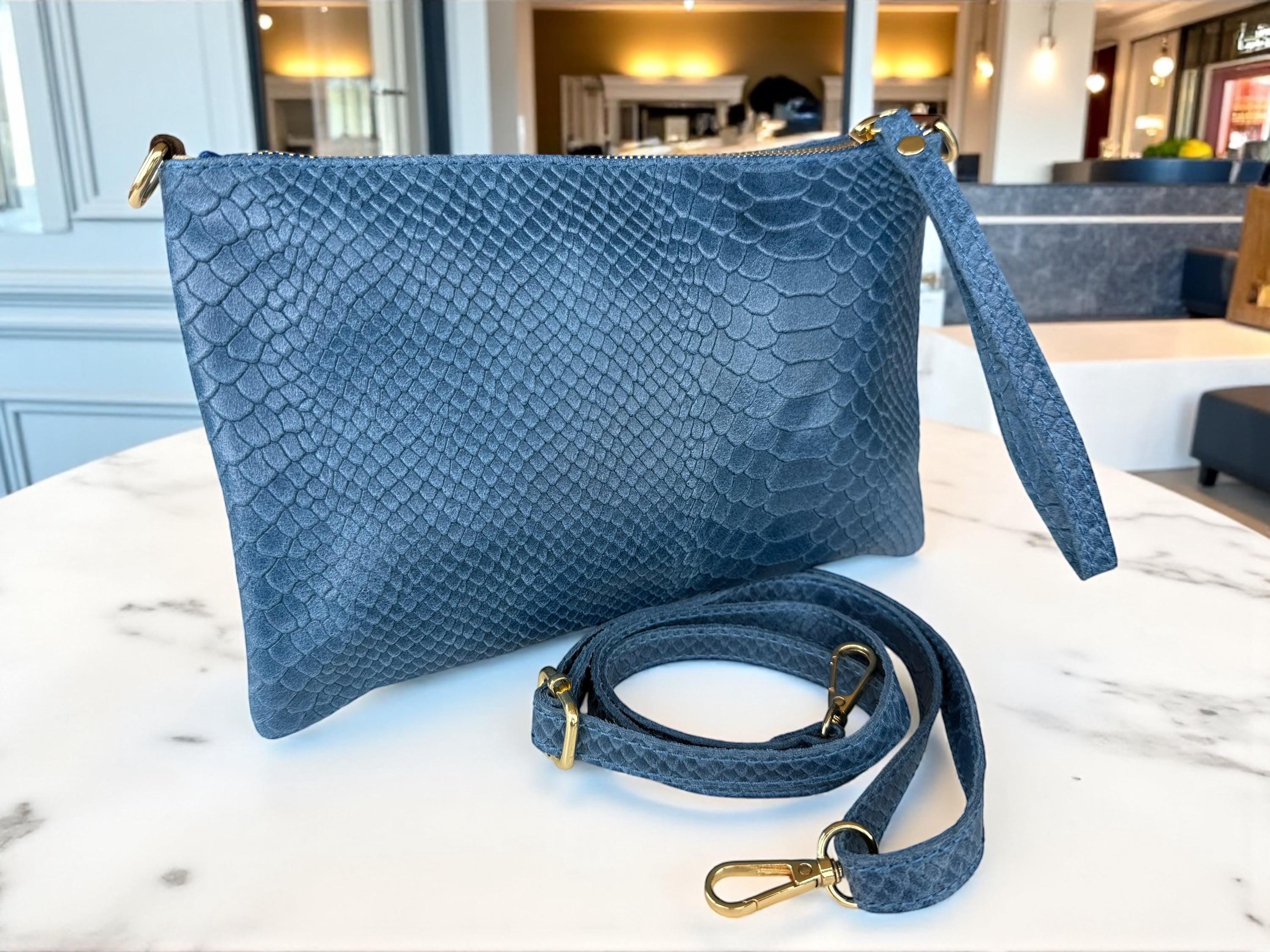 Embossed Leather Studded Trim Blue Clutch