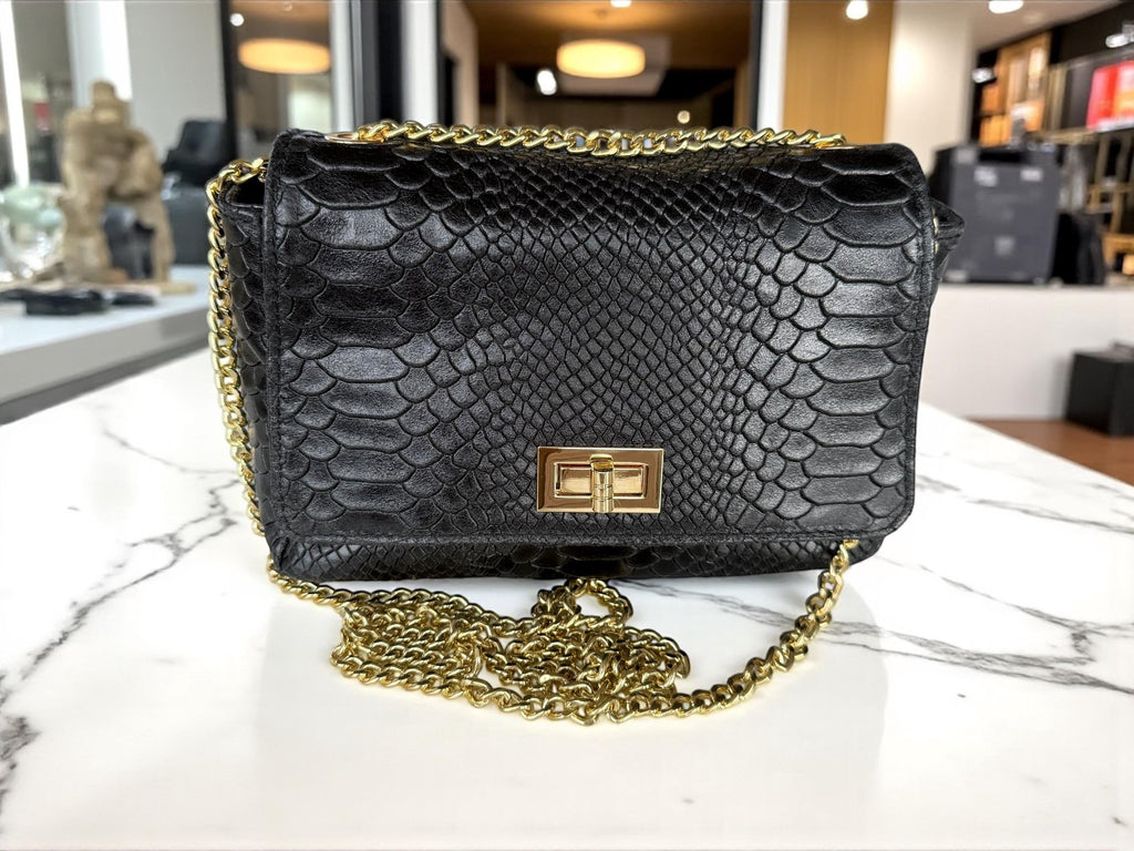 Embossed Genuine Leather mini Crossbody black Bag