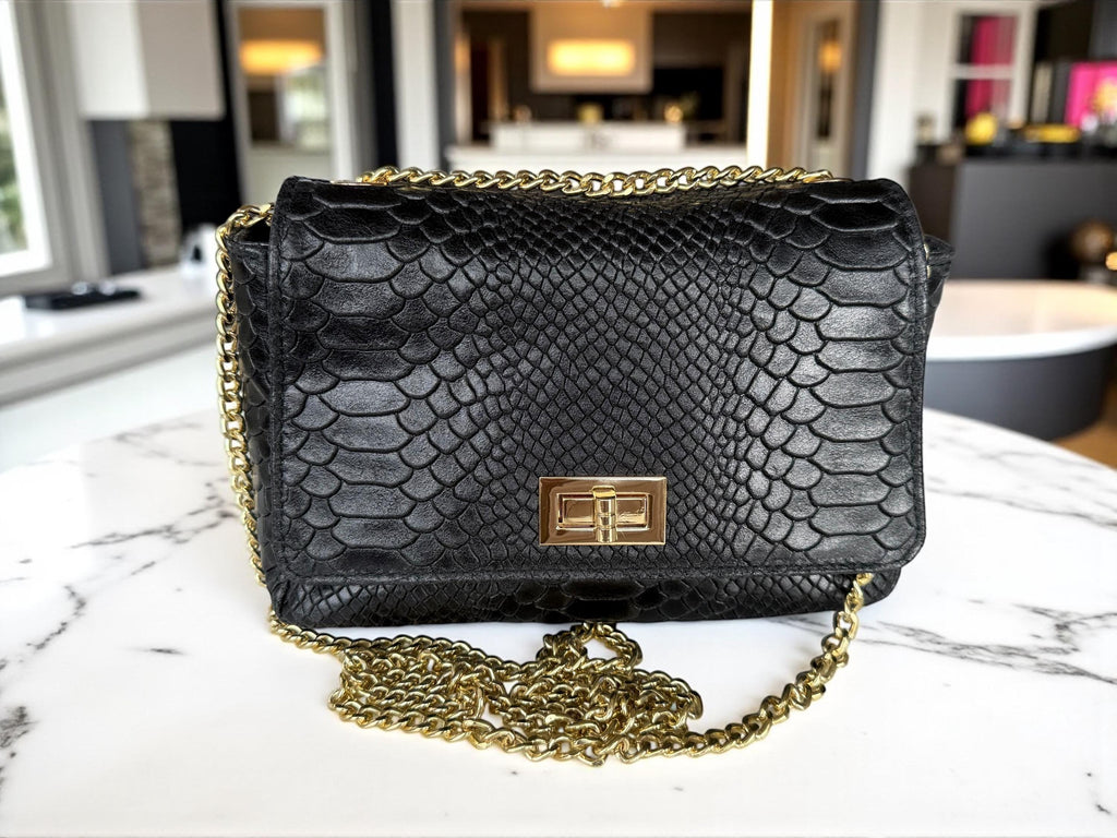 Embossed Genuine Leather mini Crossbody black Bag