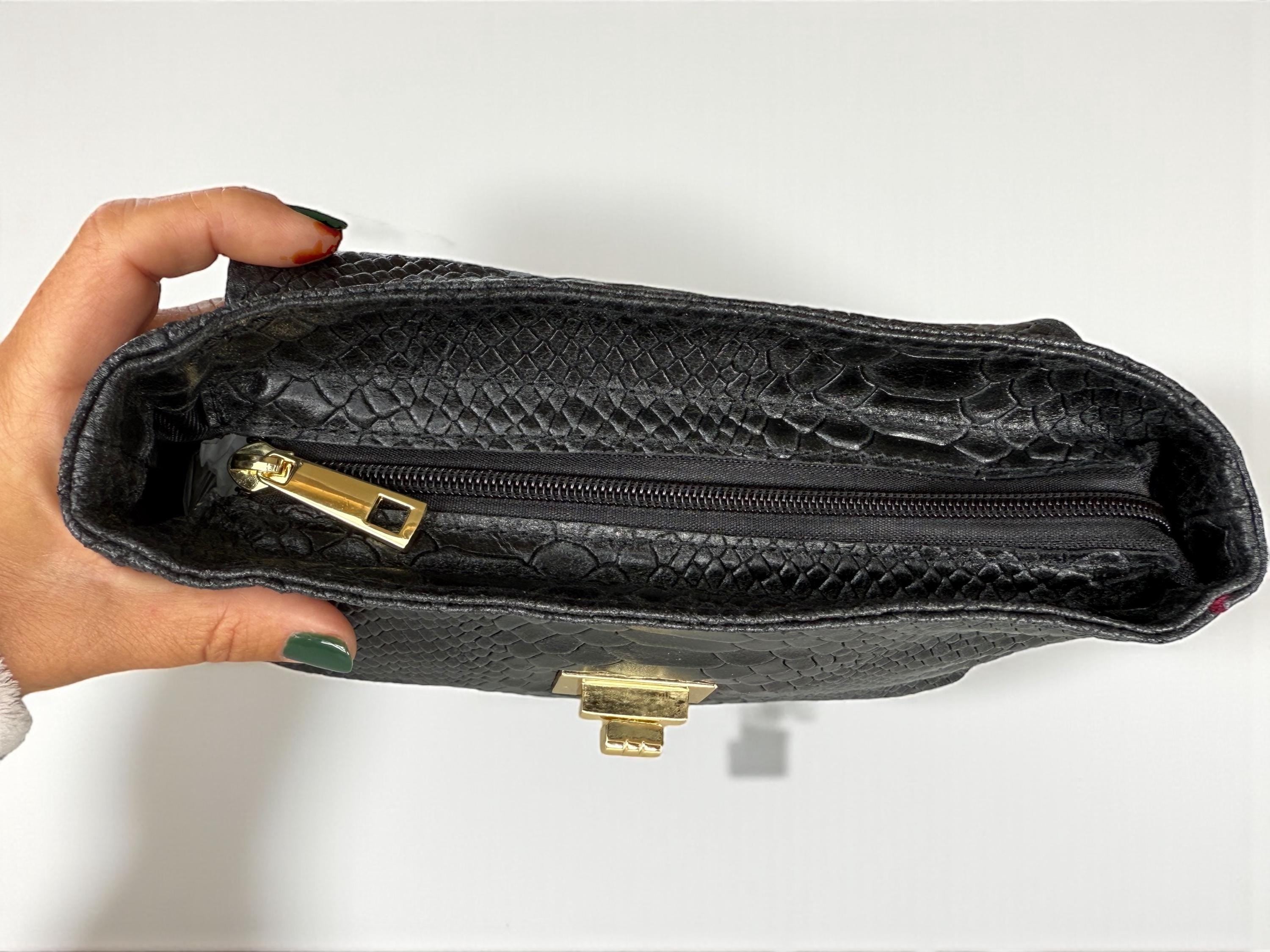 Embossed Genuine Leather mini Crossbody black Bag
