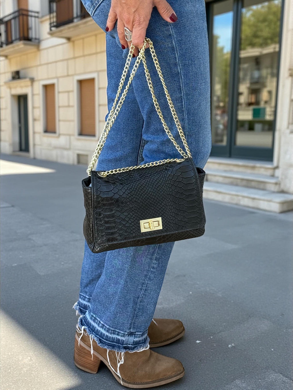 Embossed Genuine Leather mini Crossbody black Bag