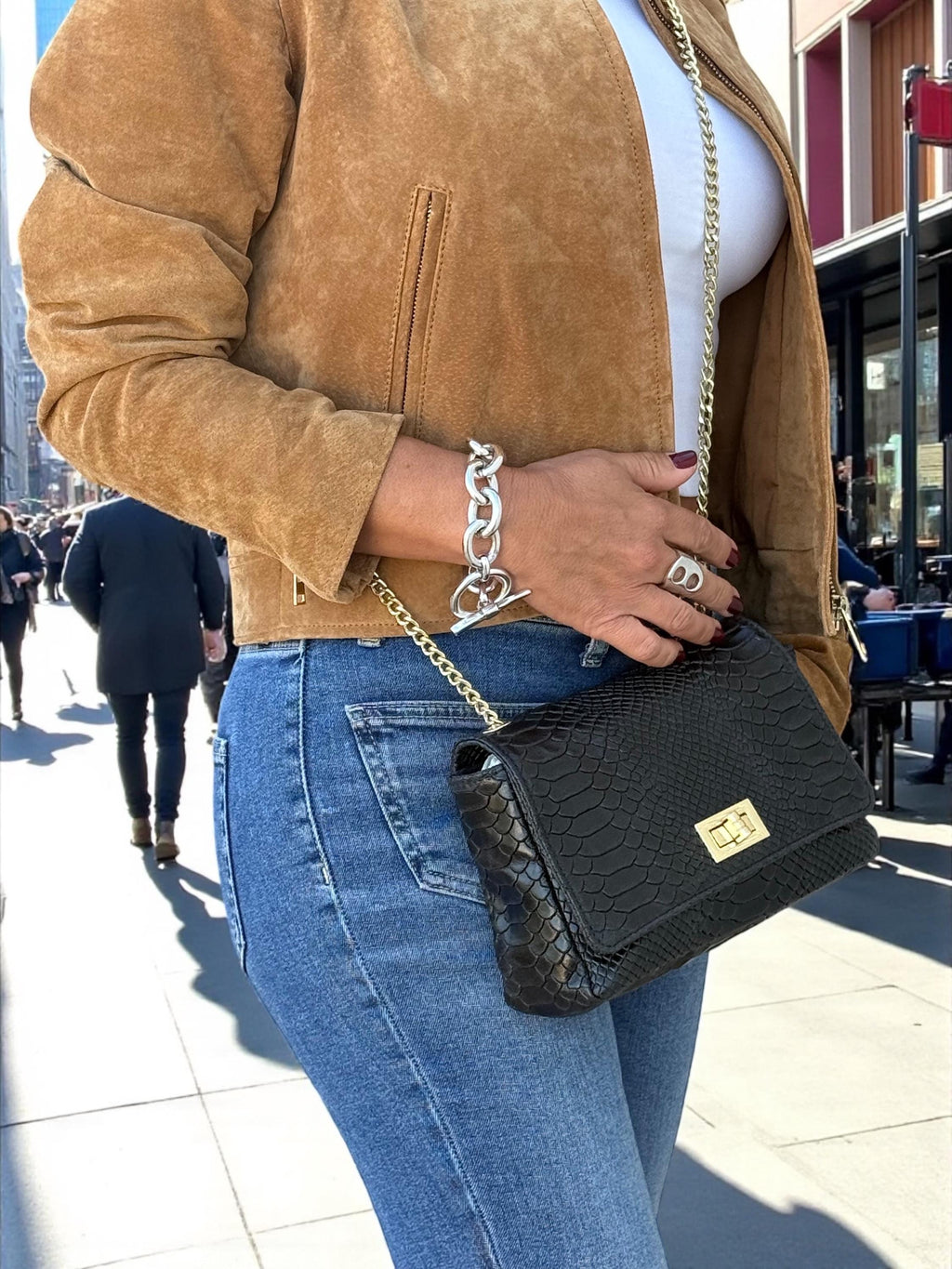 Embossed Genuine Leather mini Crossbody black Bag