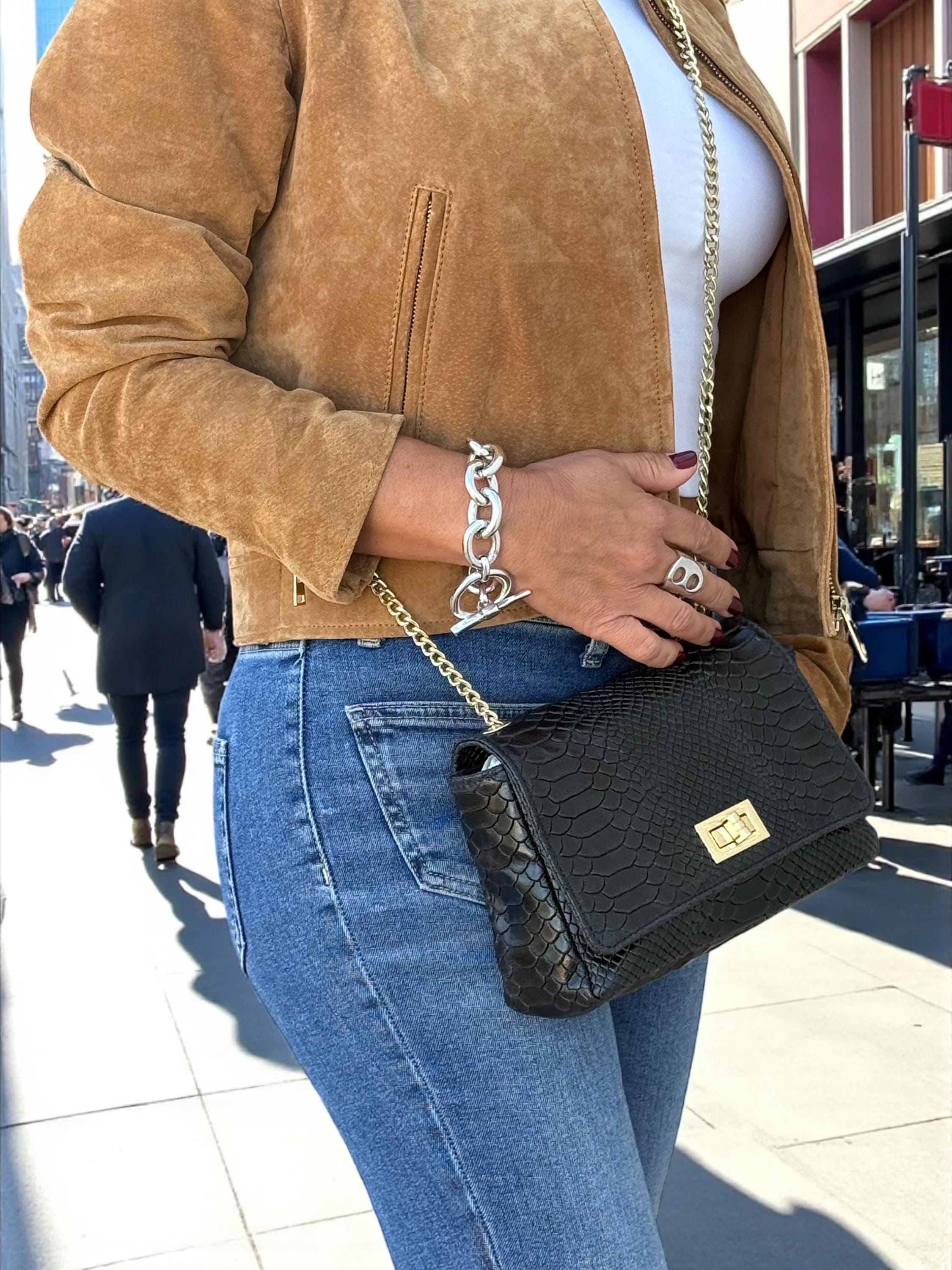 Embossed Genuine Leather mini Crossbody black Bag