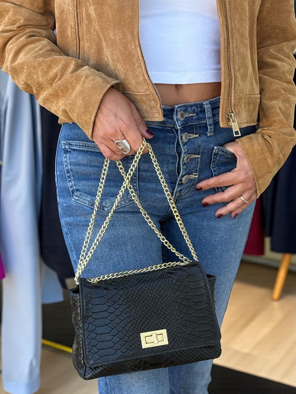 Embossed Genuine Leather mini Crossbody black Bag