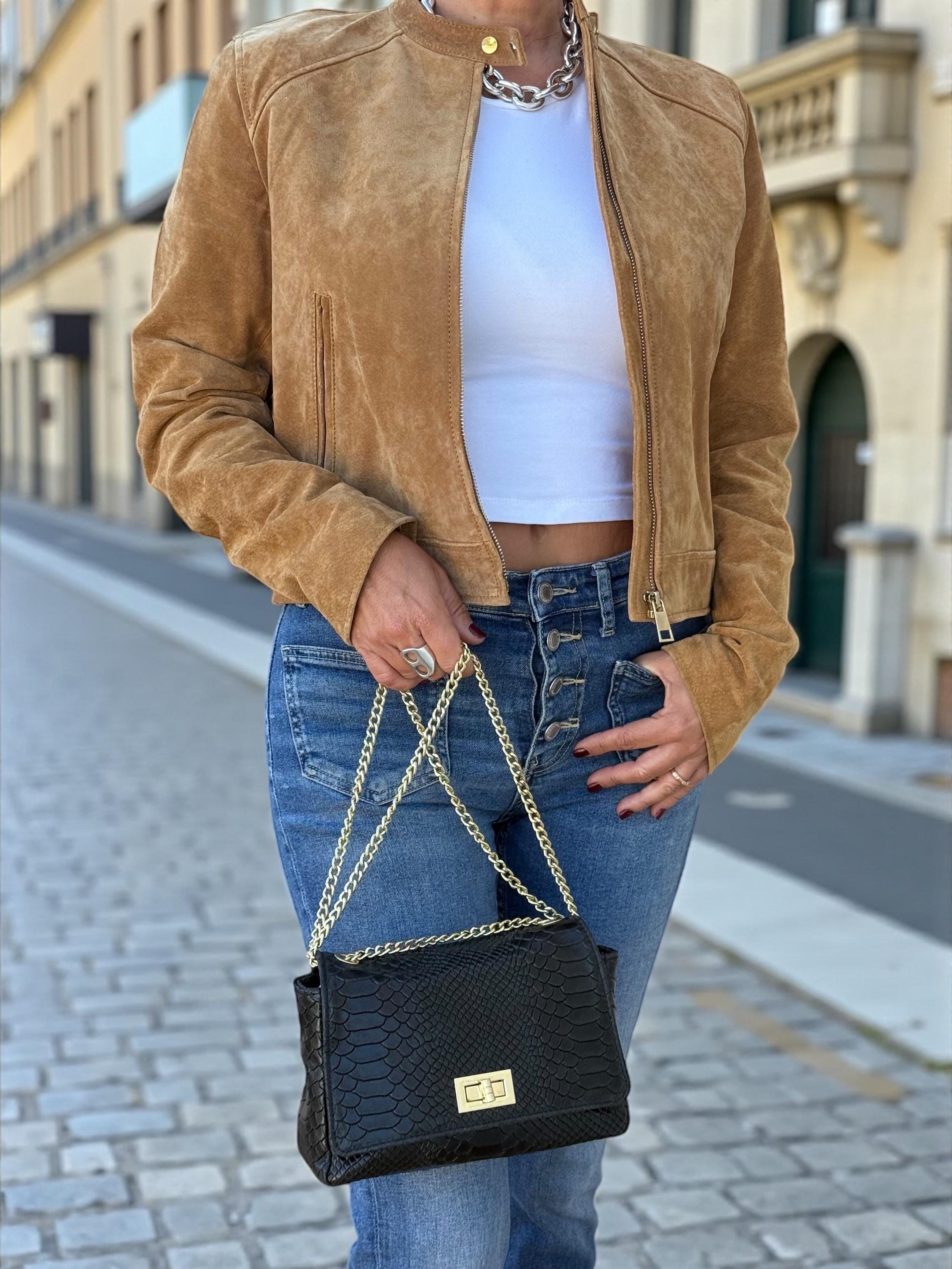 Embossed Genuine Leather mini Crossbody black Bag