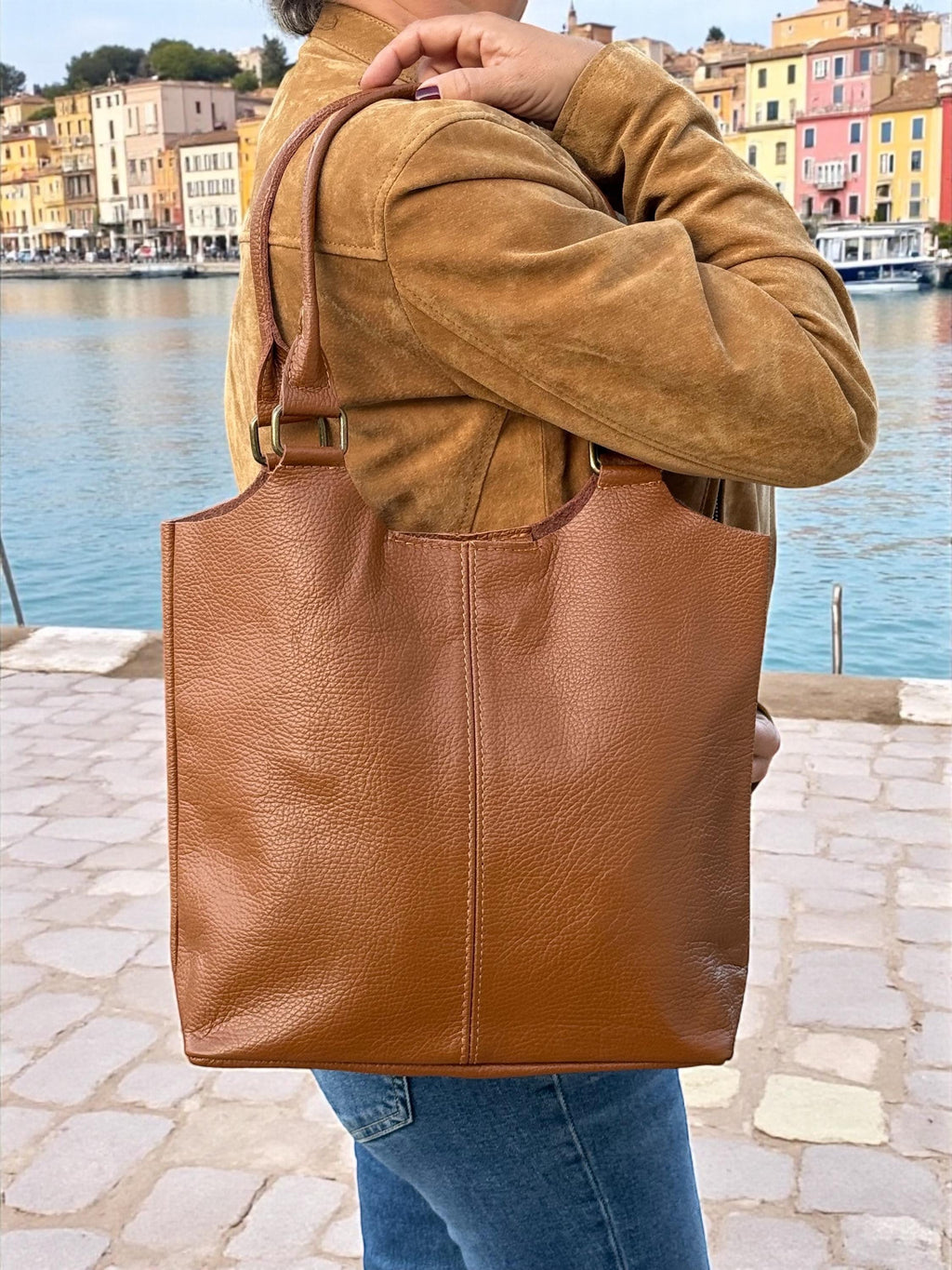 Genuine Leather Camel Brown shopper Bag