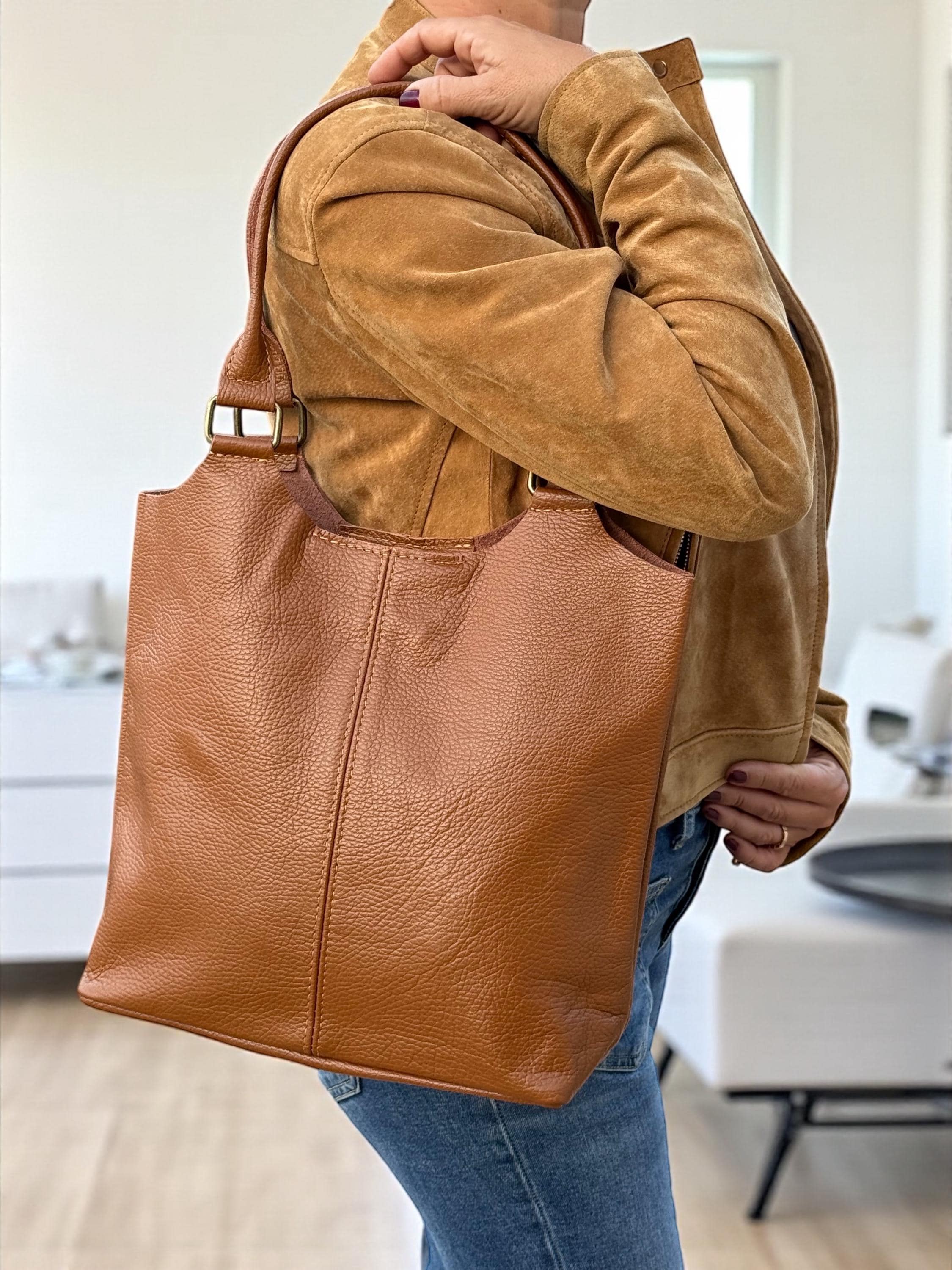 Genuine Leather Camel Brown shopper Bag