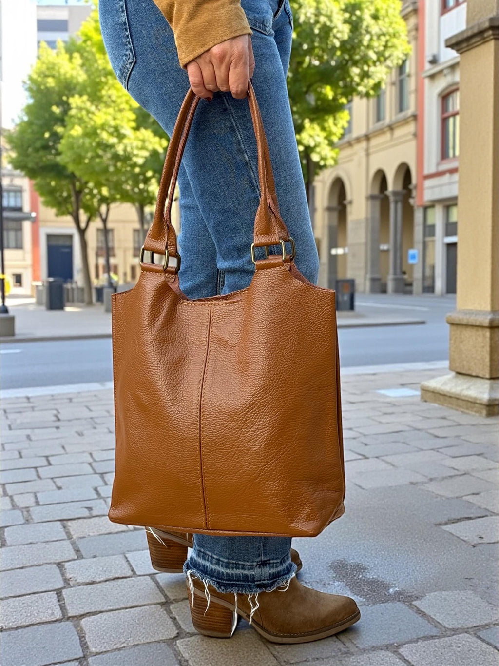 Genuine Leather Camel Brown shopper Bag