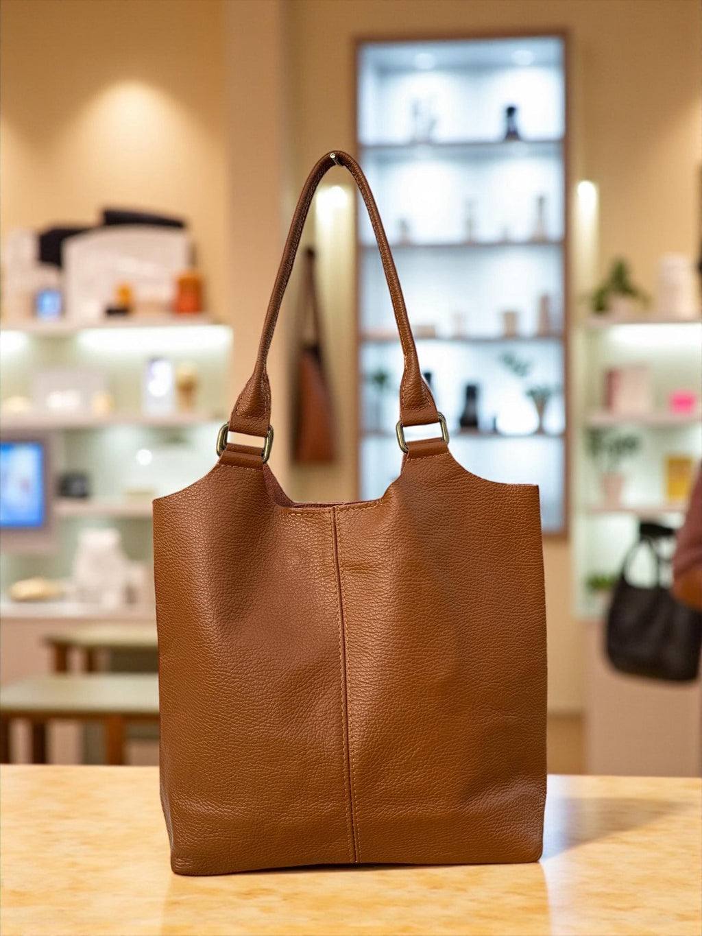 Genuine Leather Camel Brown shopper Bag