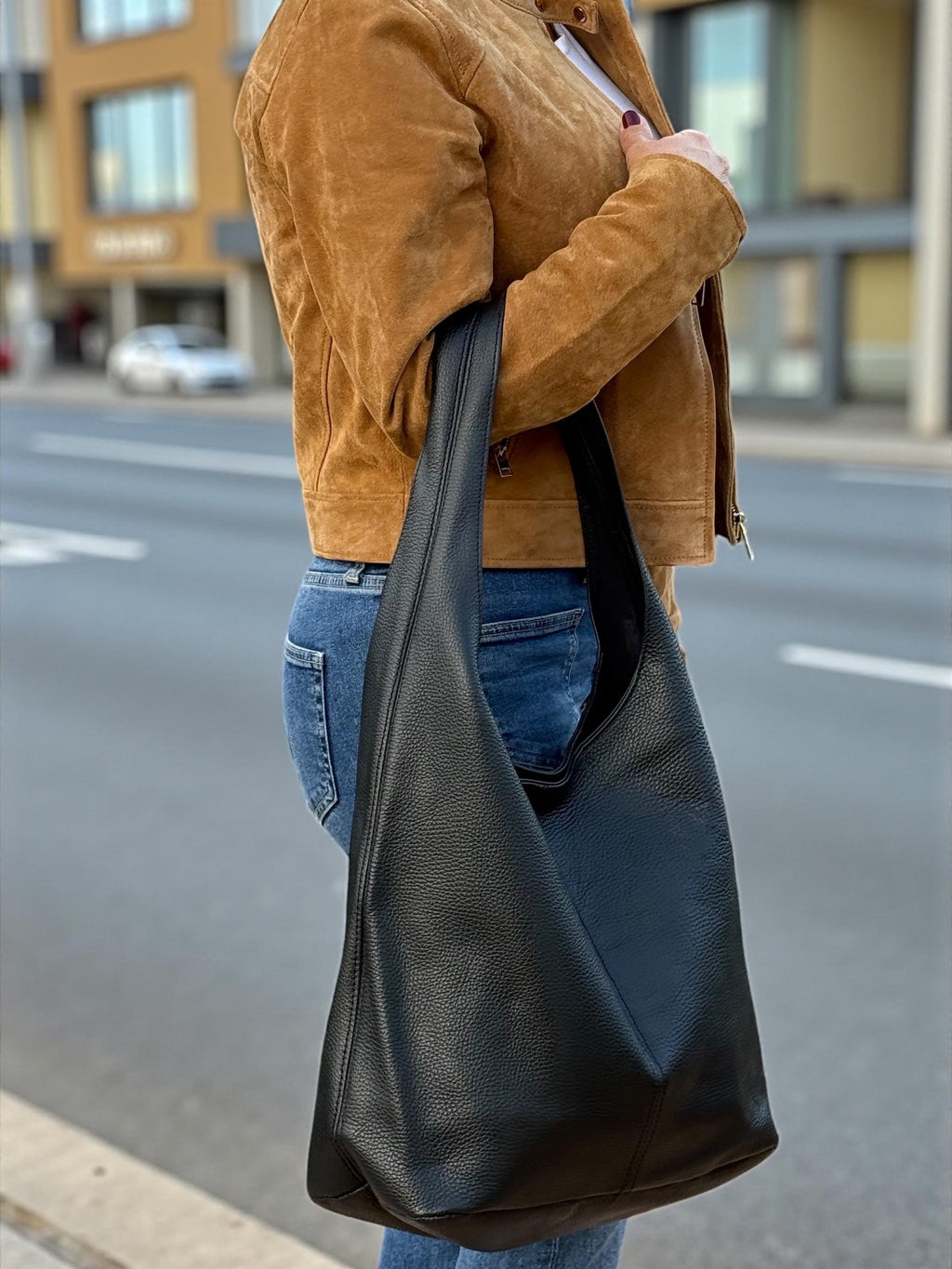 Black genuine Leather hobo Tote Bag