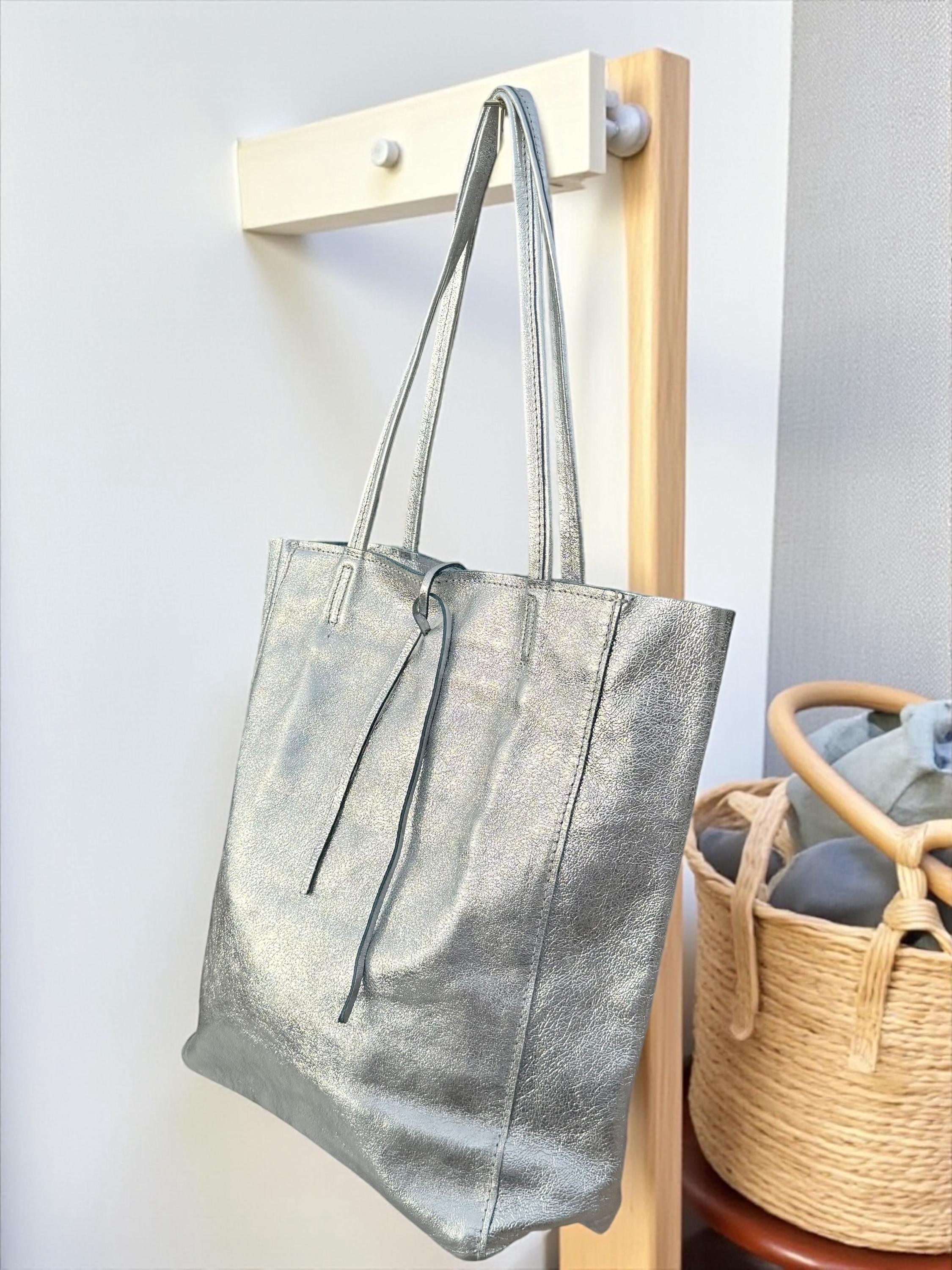 Large Metalic GenuineLeather Gold Tote Bag