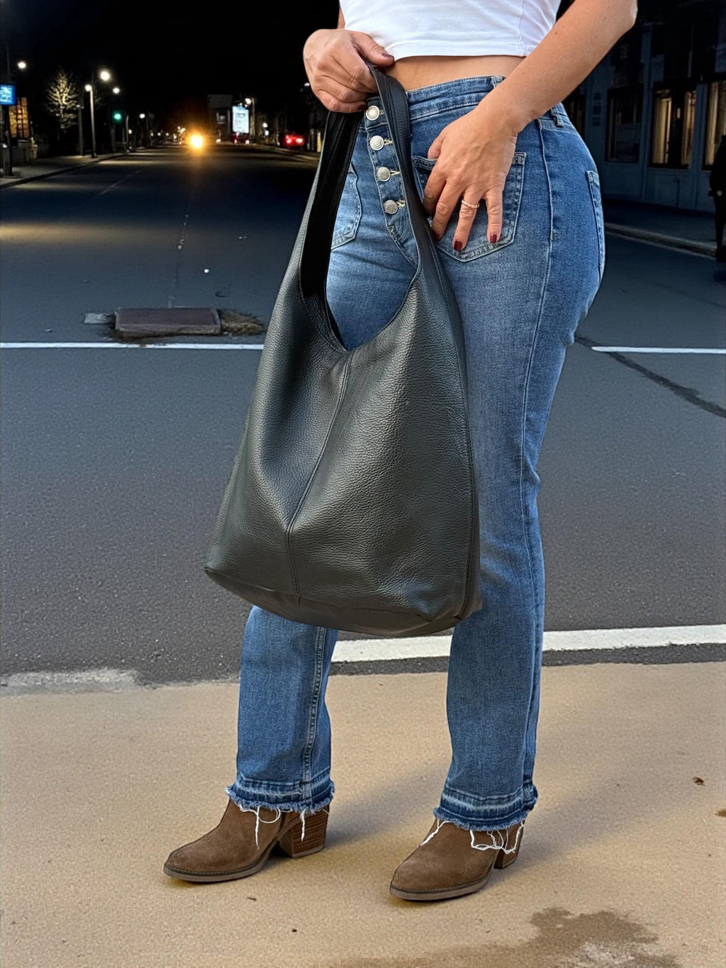 Black genuine Leather hobo Tote Bag