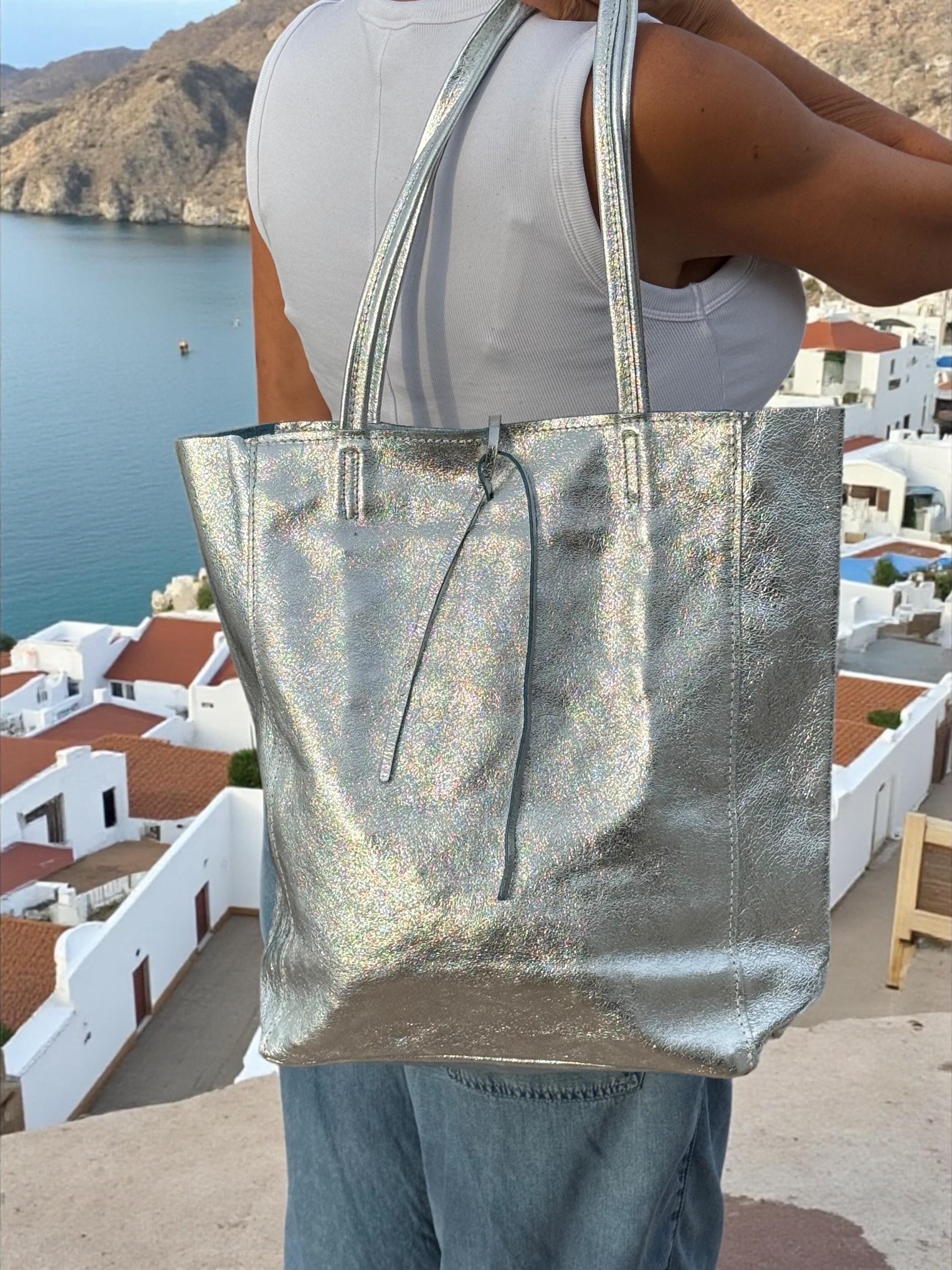 Large Metalic GenuineLeather Gold Tote Bag