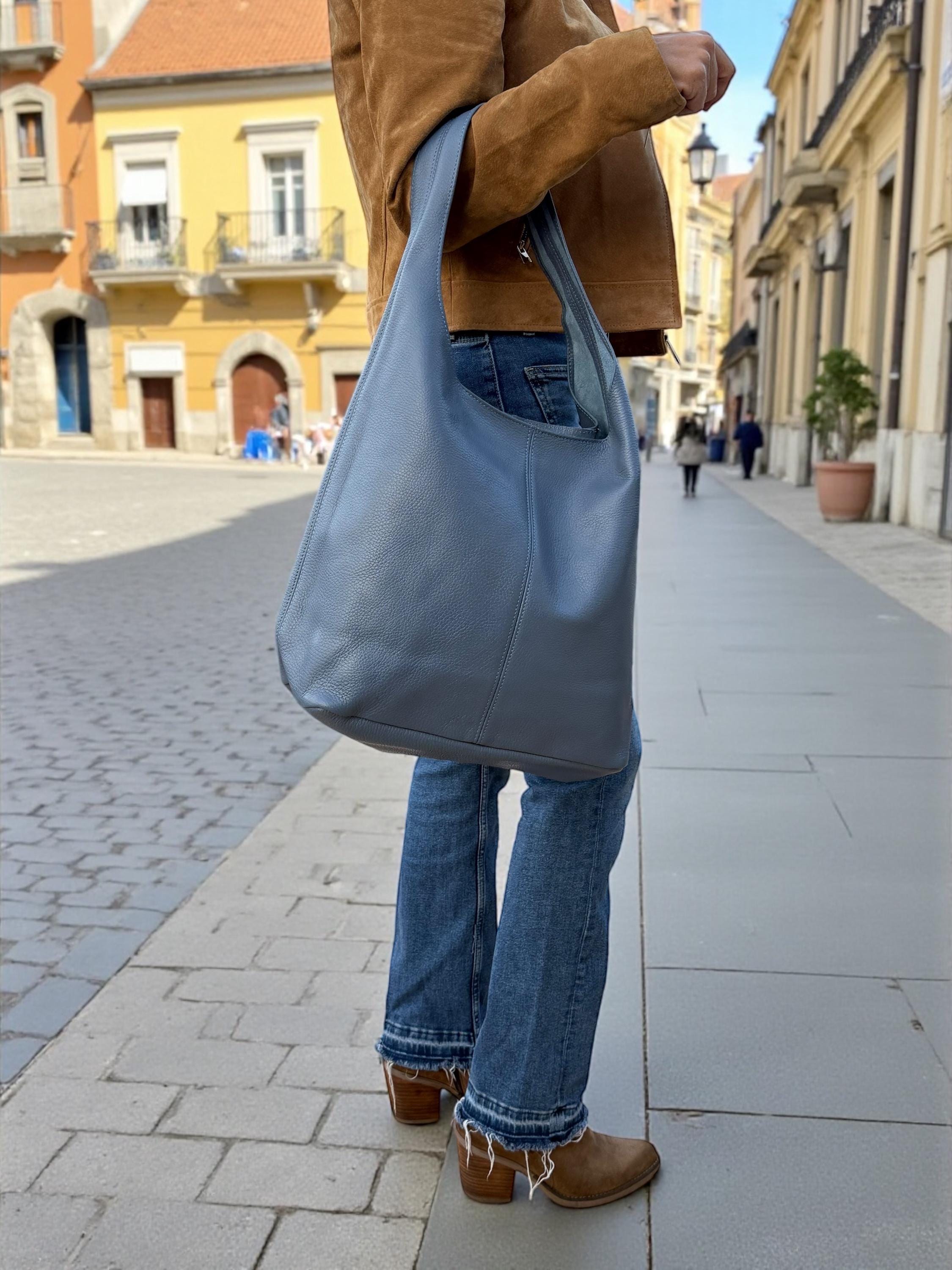 Large blue Pebbled Genuine Leather hobo Bag