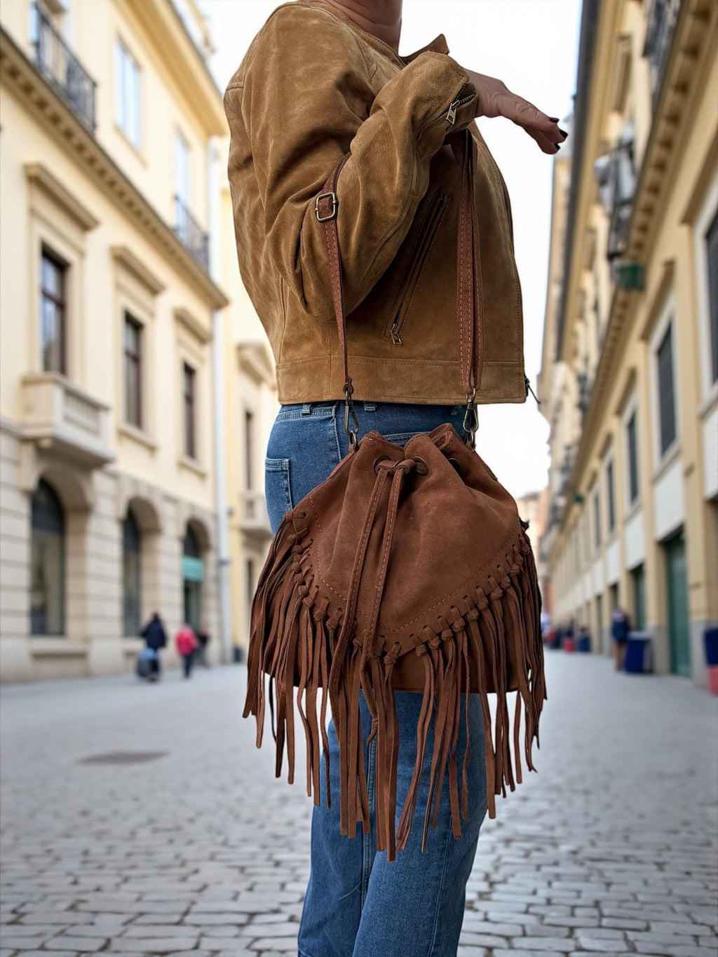 Boho Suede Camel Brown fringe Bucket Bag