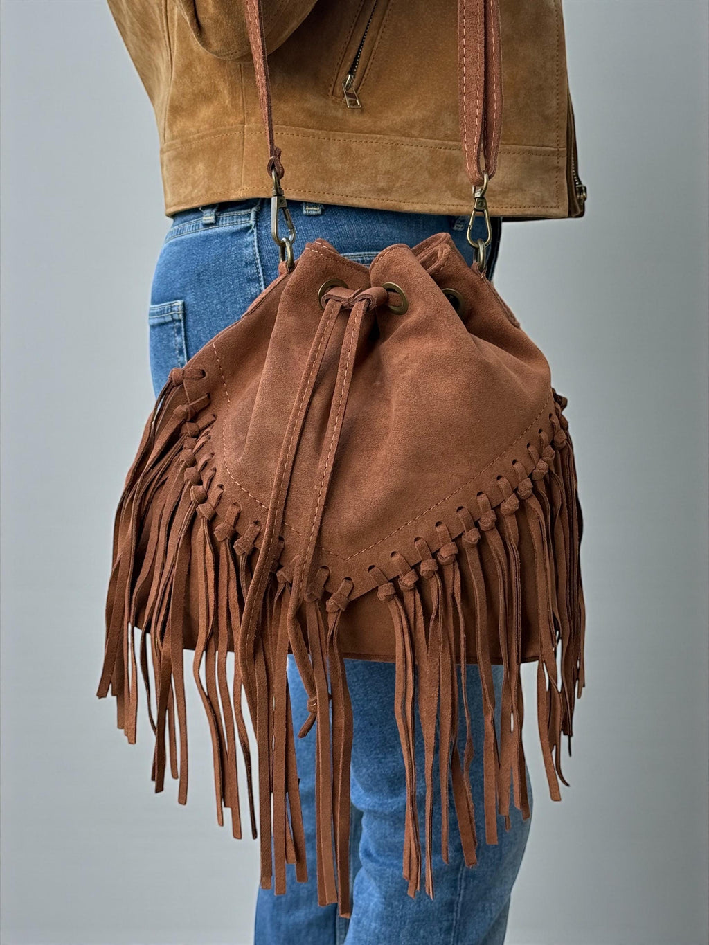 Boho Suede Camel Brown fringe Bucket Bag