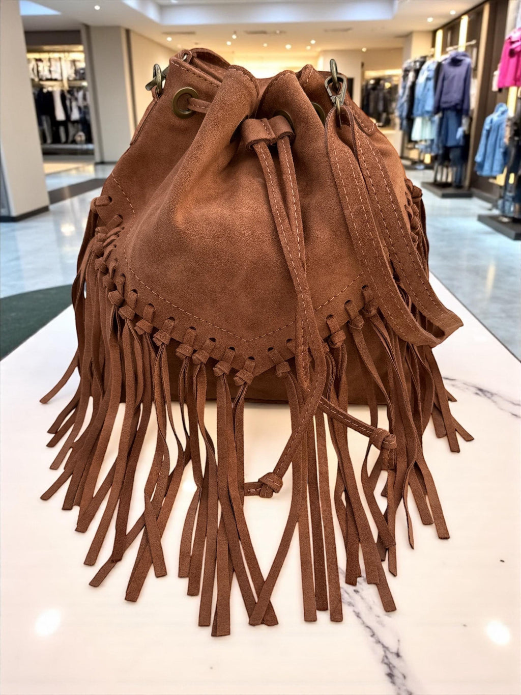 Boho Suede Camel Brown fringe Bucket Bag