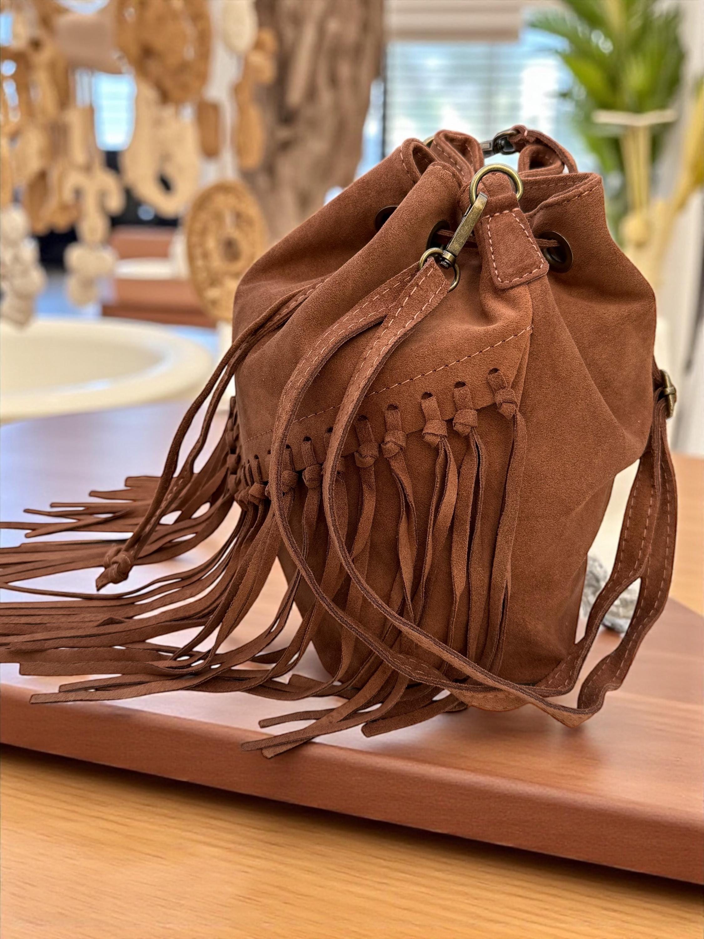 Boho Suede Camel Brown fringe Bucket Bag
