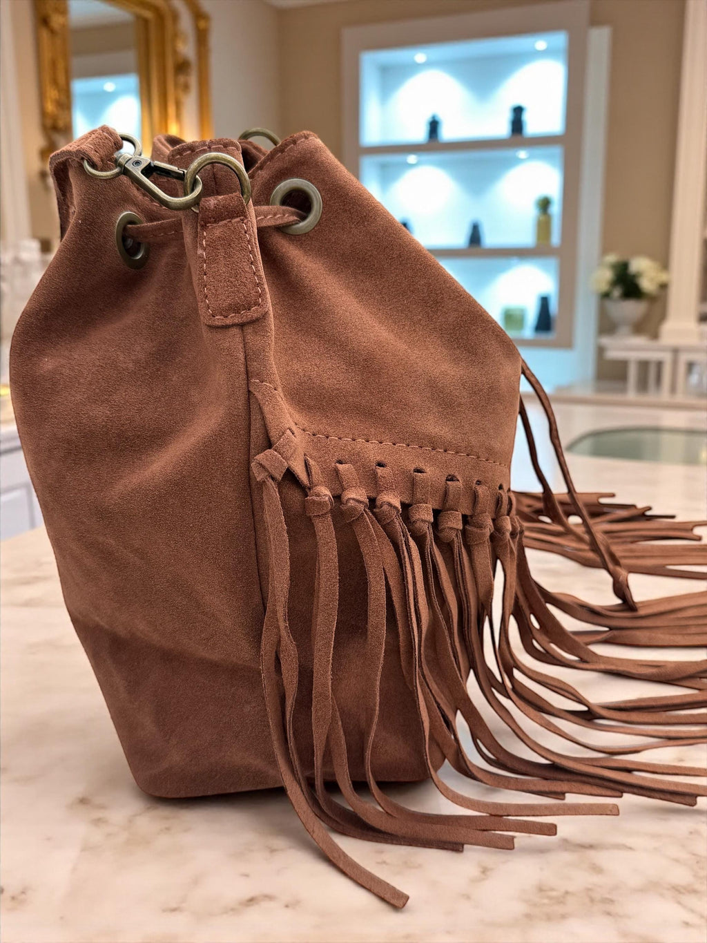 Boho Suede Camel Brown fringe Bucket Bag