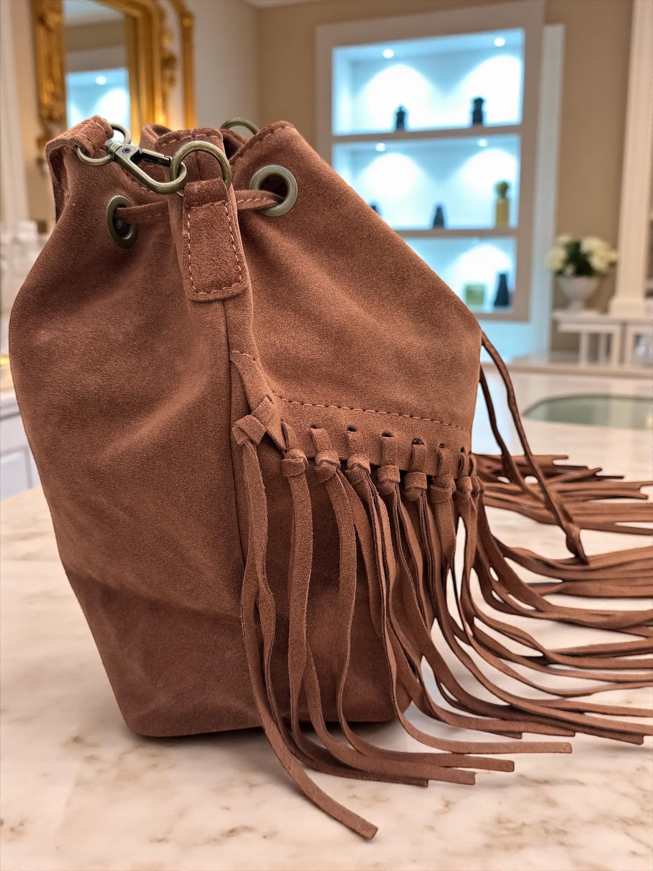 Boho Suede Camel Brown fringe Bucket Bag