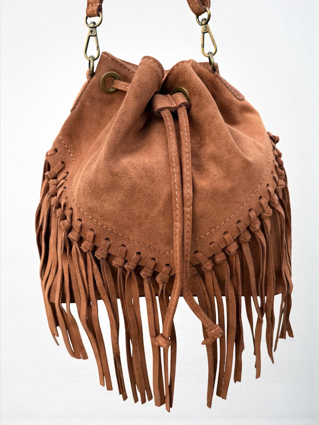 Boho Suede Camel Brown fringe Bucket Bag