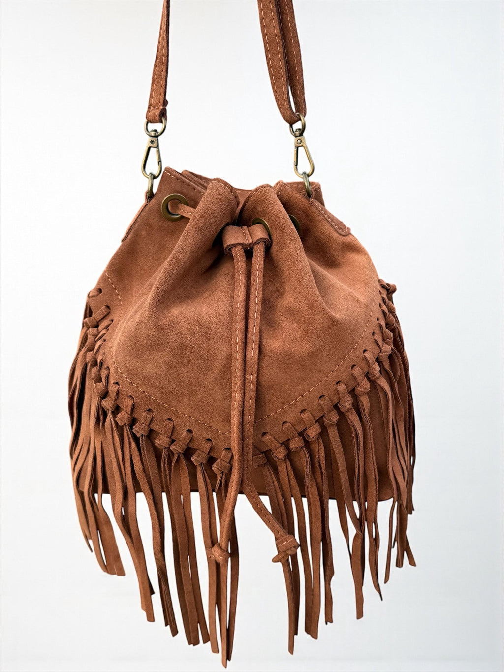Boho Suede Camel Brown fringe Bucket Bag