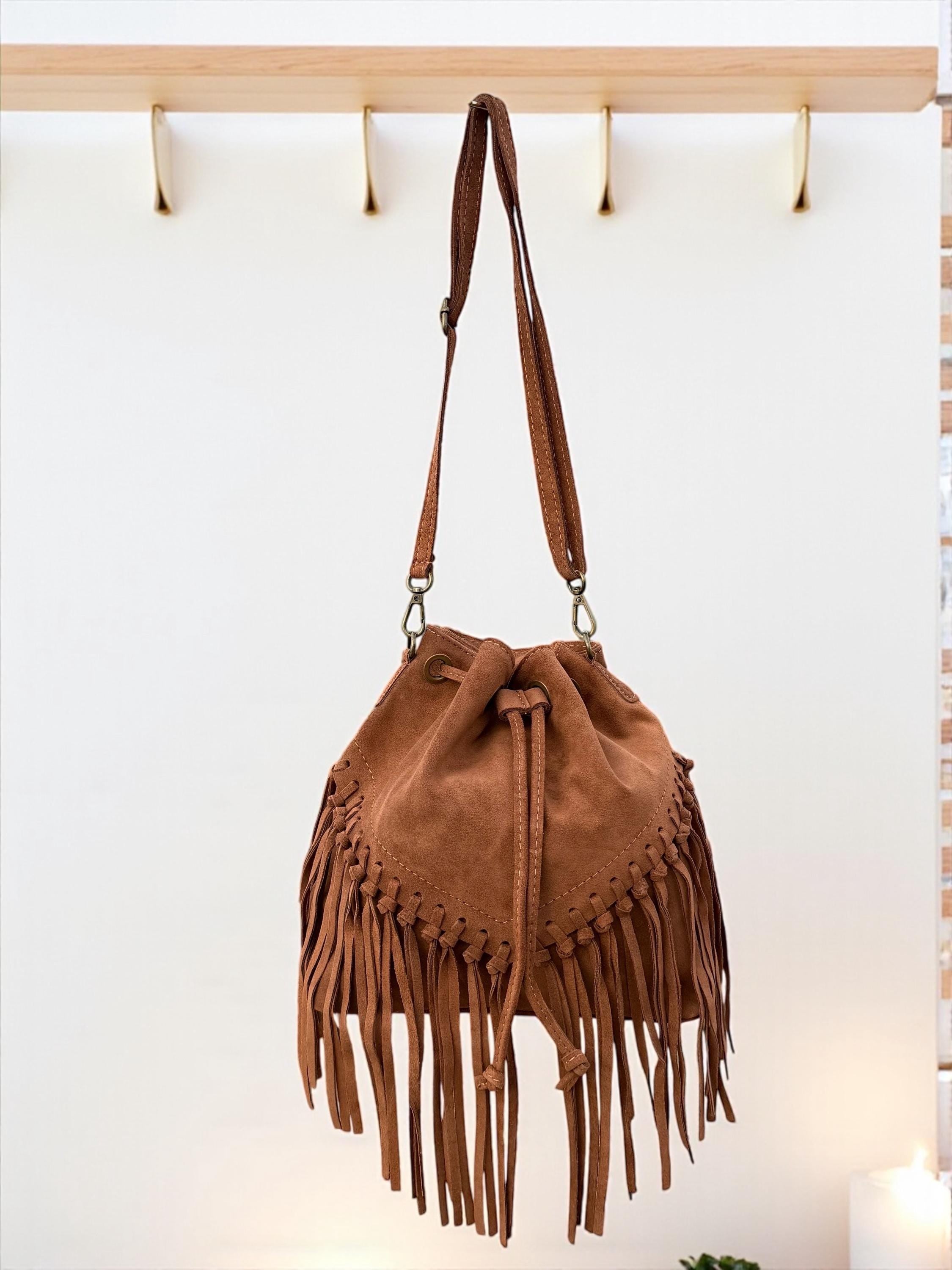 Boho Suede Camel Brown fringe Bucket Bag