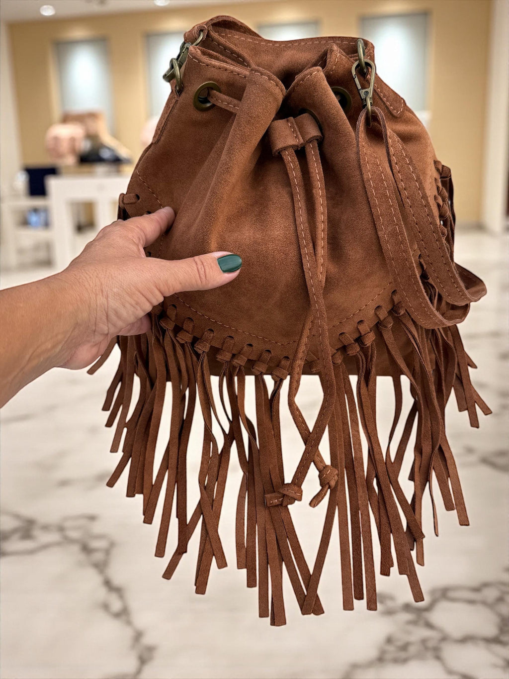 Boho Suede Camel Brown fringe Bucket Bag