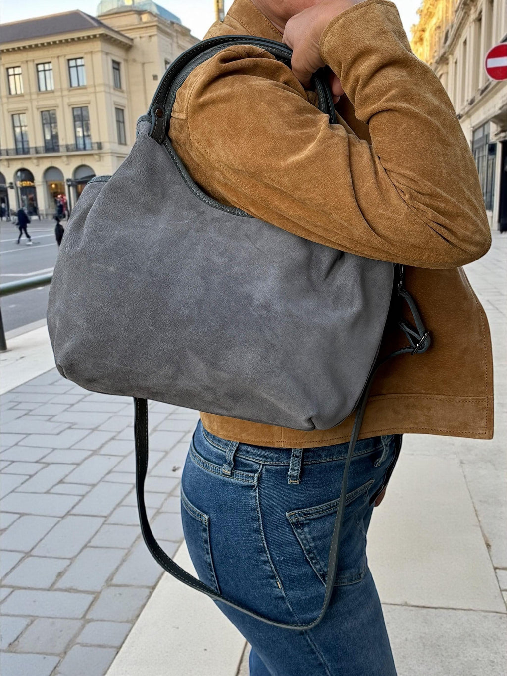 Grey Suede and leahter shopper Bag