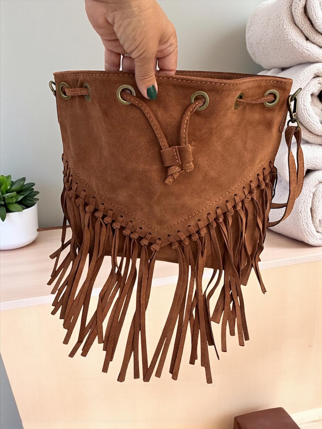 Boho Suede Camel Brown fringe Bucket Bag