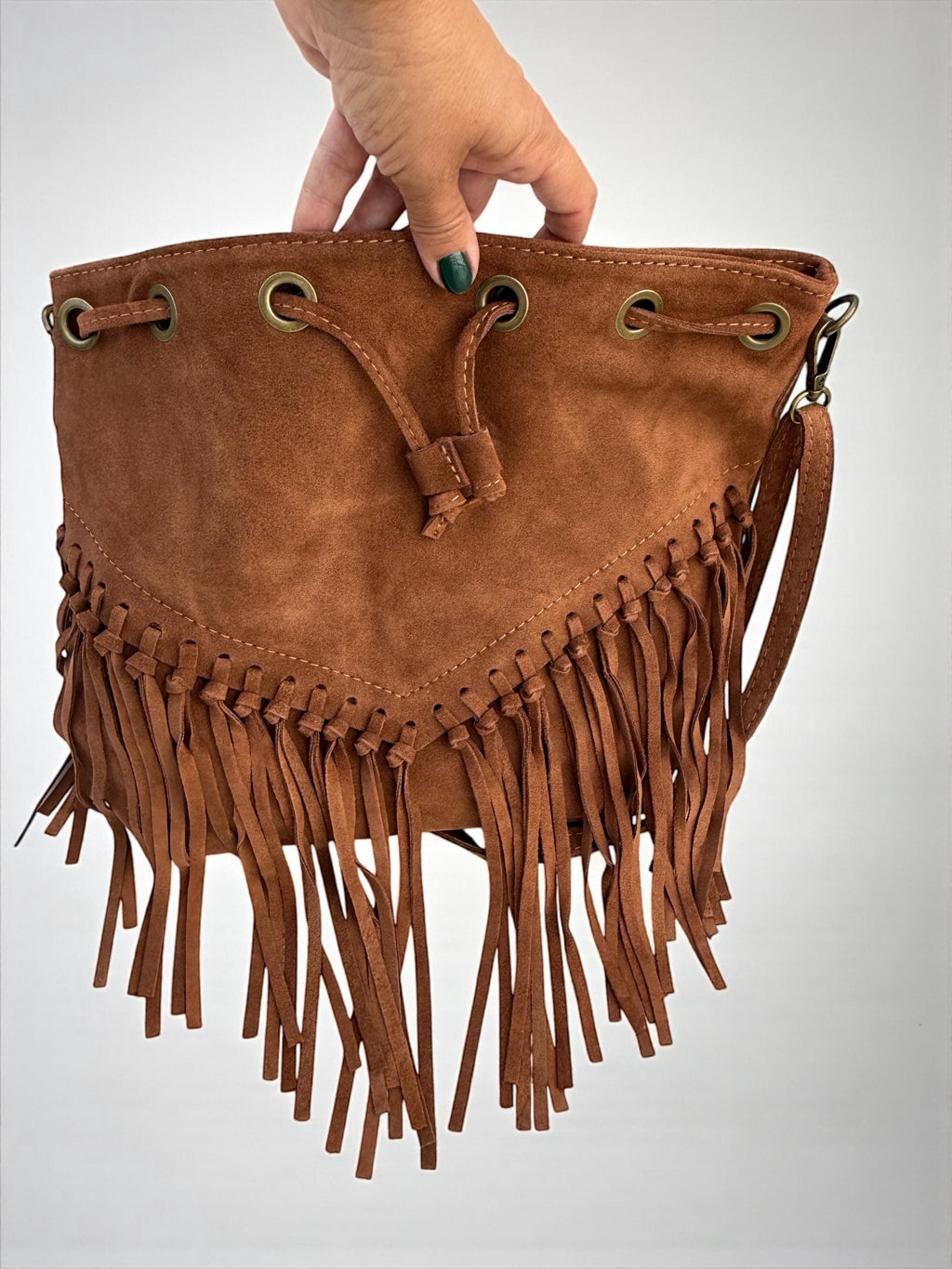 Boho Suede Camel Brown fringe Bucket Bag