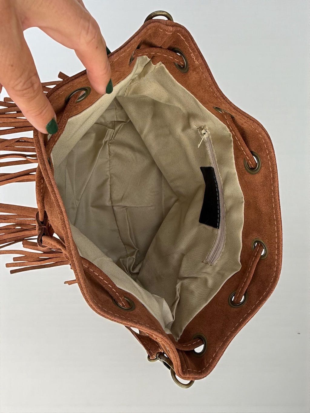 Boho Suede Camel Brown fringe Bucket Bag