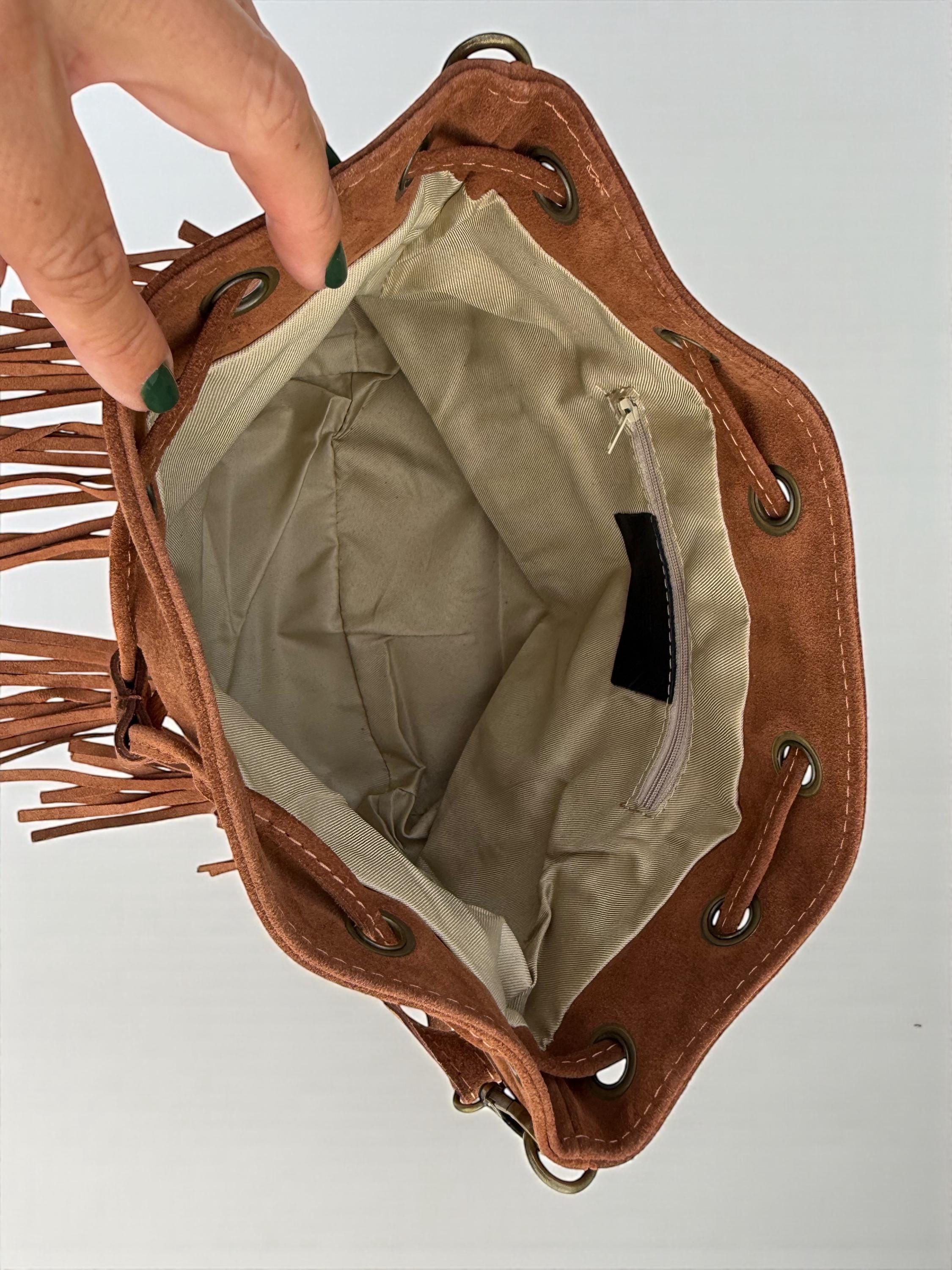 Boho Suede Camel Brown fringe Bucket Bag
