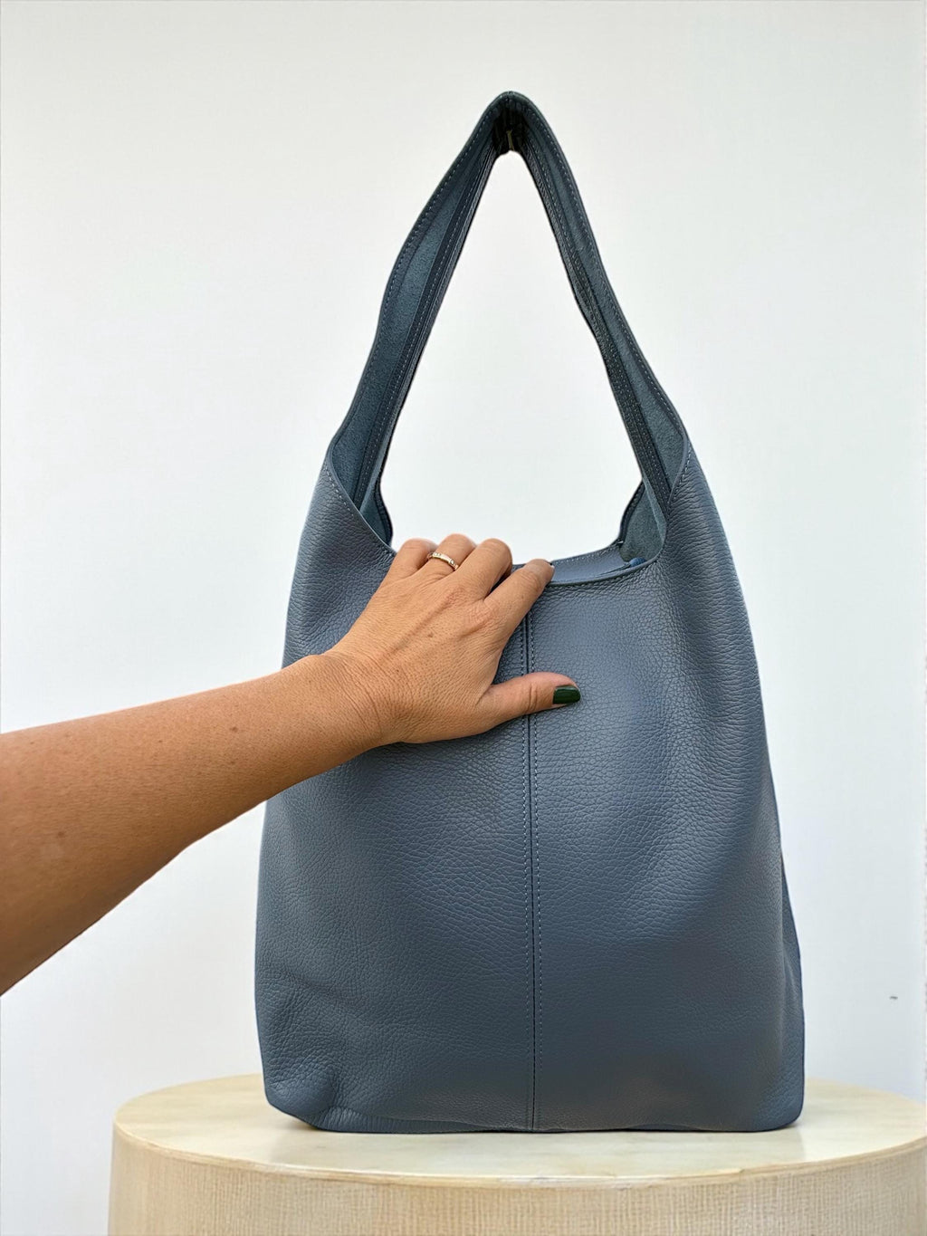 Large blue Pebbled Genuine Leather hobo Bag