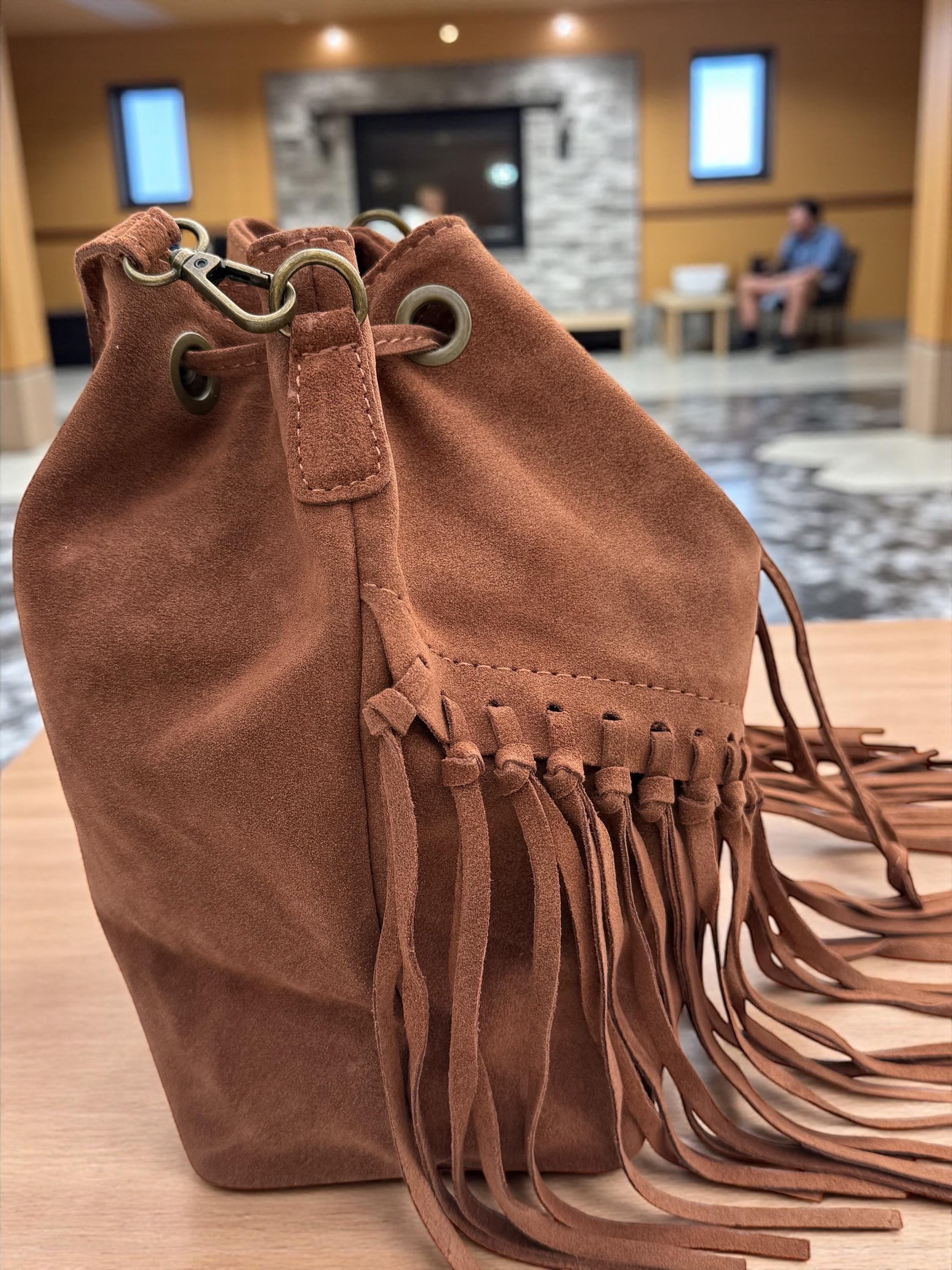 Boho Suede Camel Brown fringe Bucket Bag
