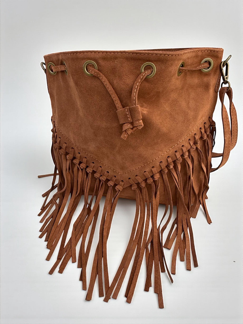 Boho Suede Camel Brown fringe Bucket Bag