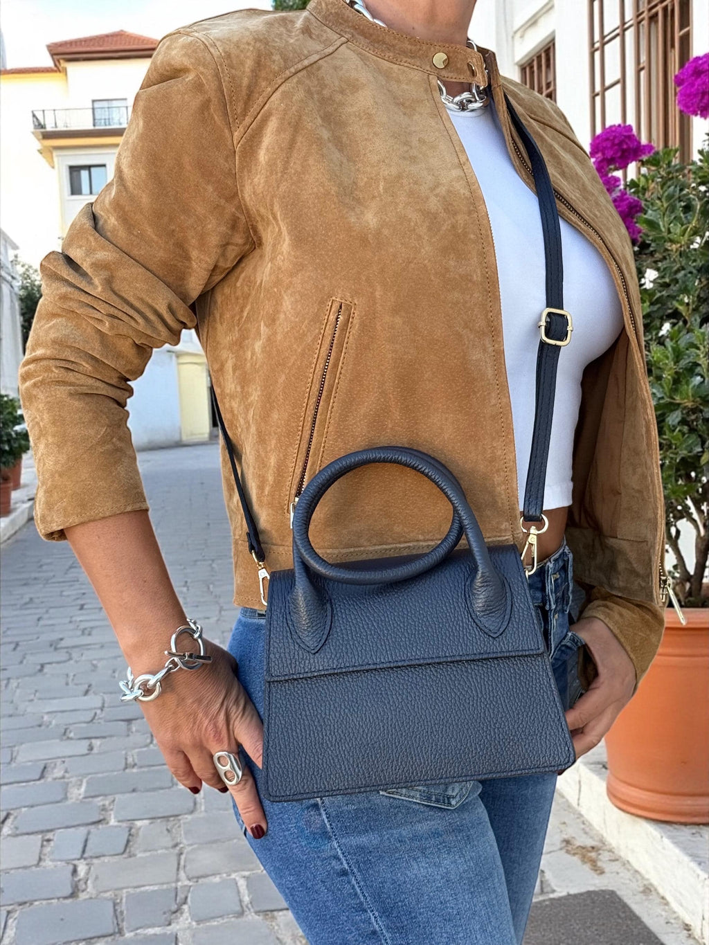 Pebbel leather Dark Navy Structured Handbag