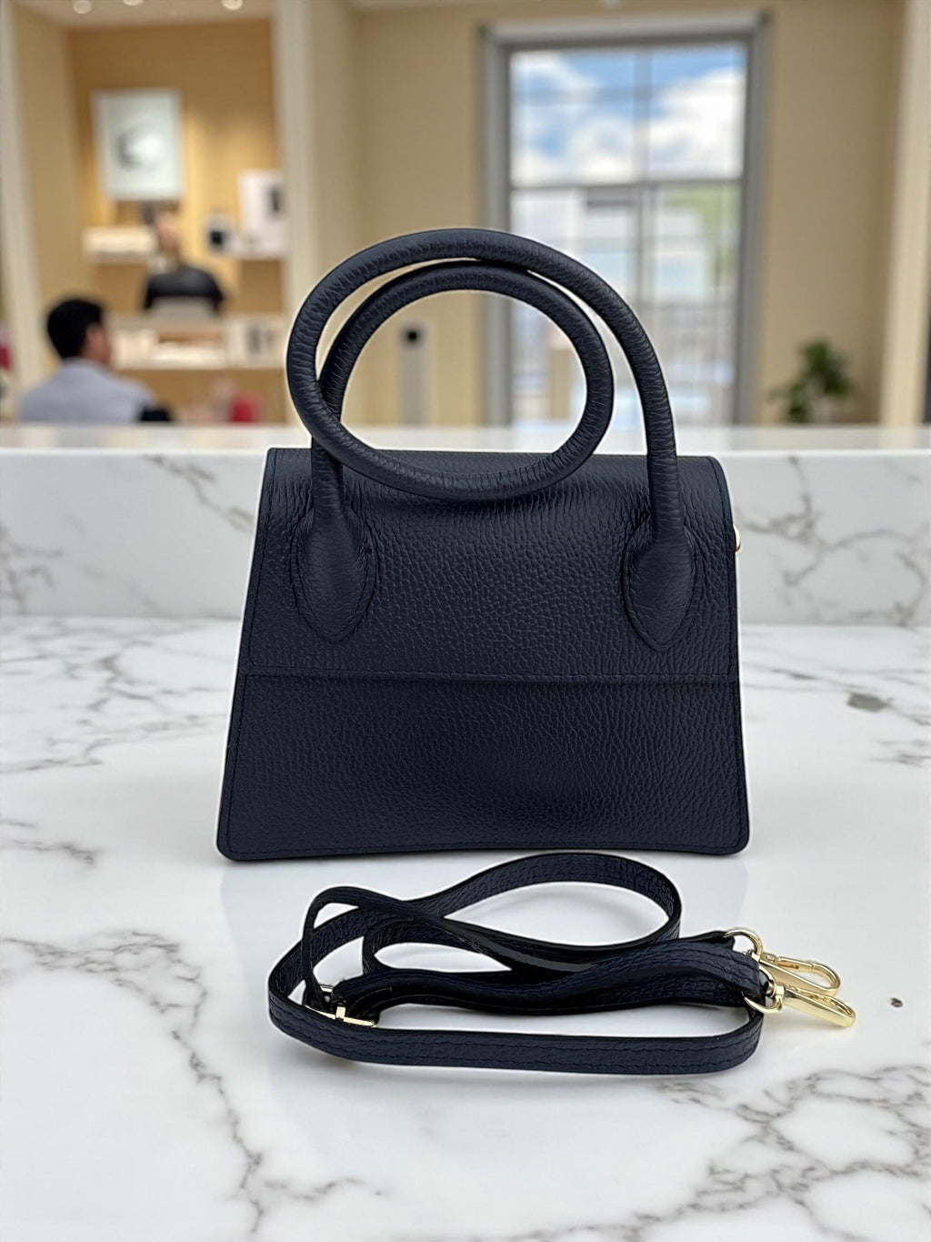 Pebbel leather Dark Navy Structured Handbag