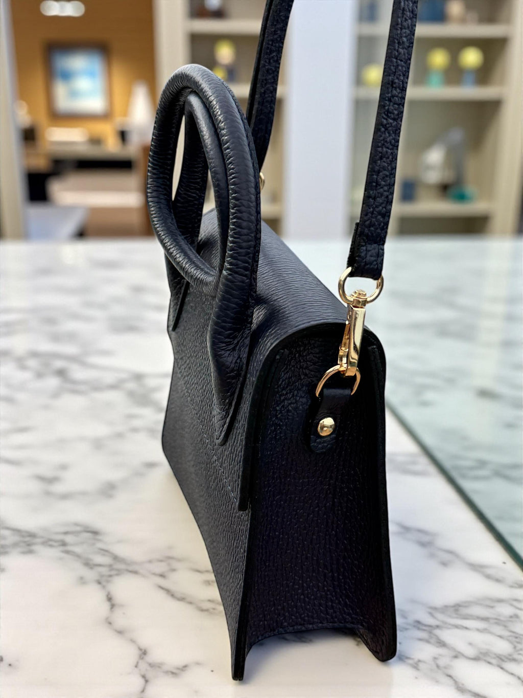 Pebbel leather Dark Navy Structured Handbag