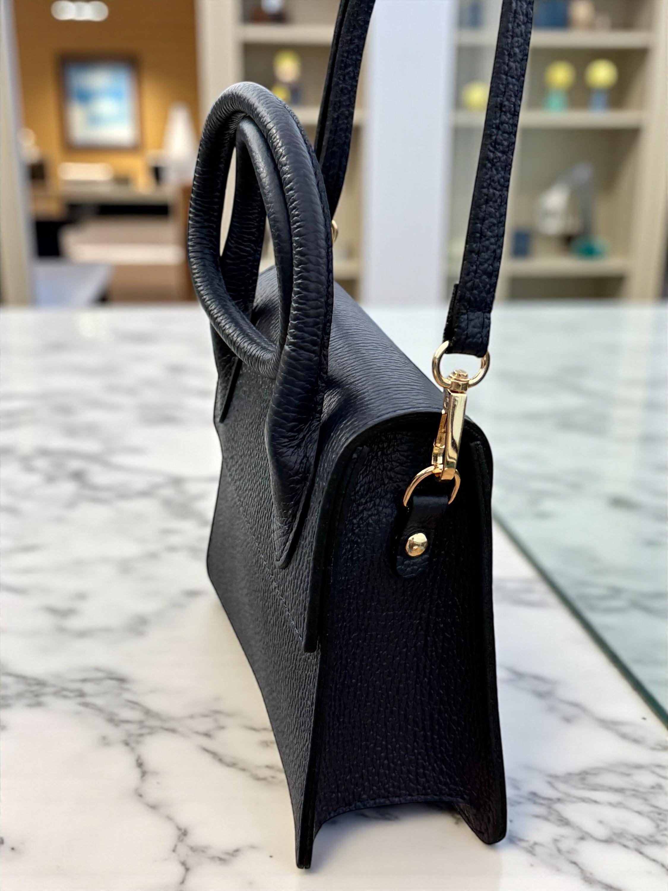 Pebbel leather Dark Navy Structured Handbag